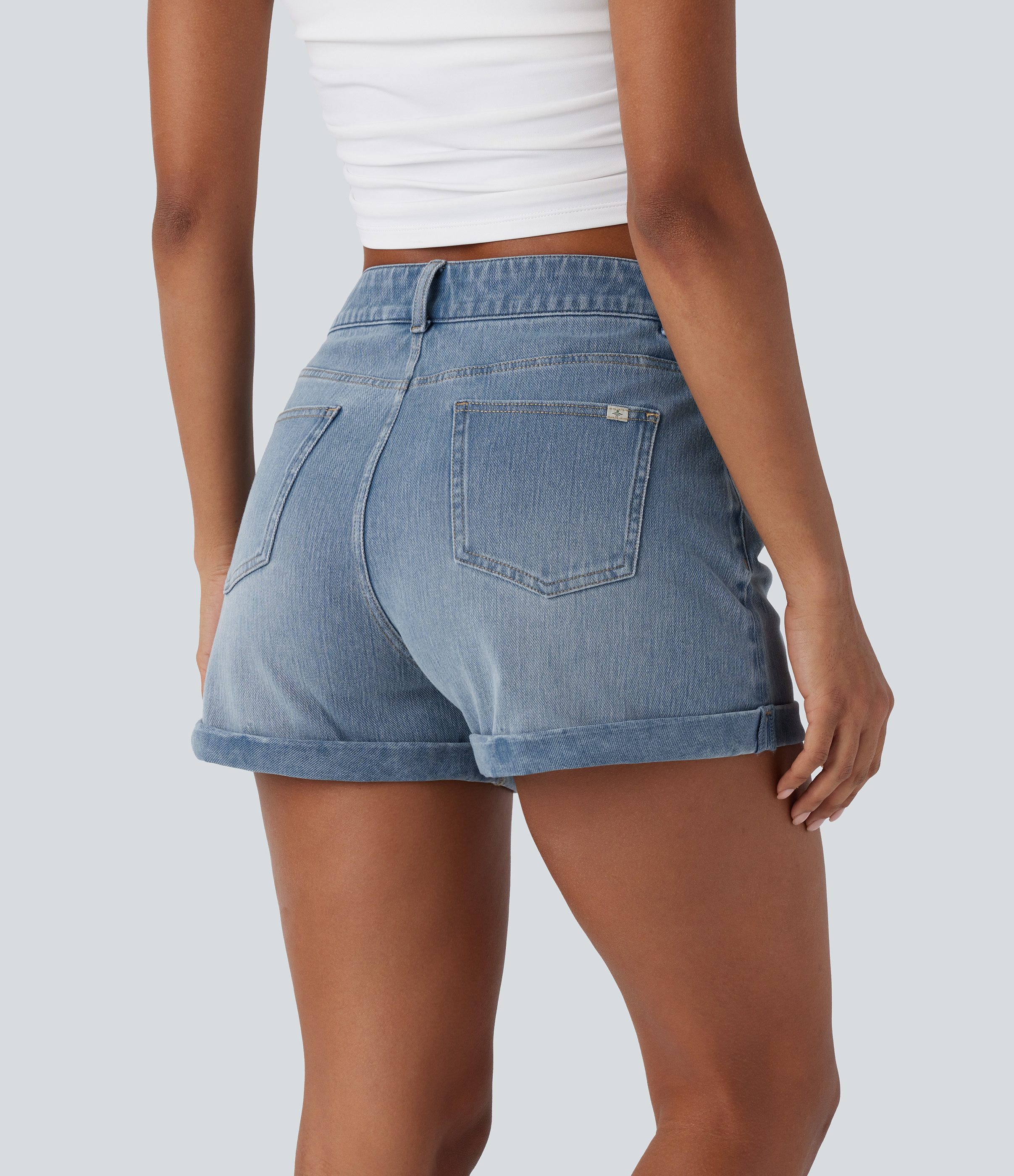 Crushed Ice Blue Denim Pantalón corto Halara Flex™ Denim mezclilla elástico cremallera botón tiro medio 7.5cm / 2