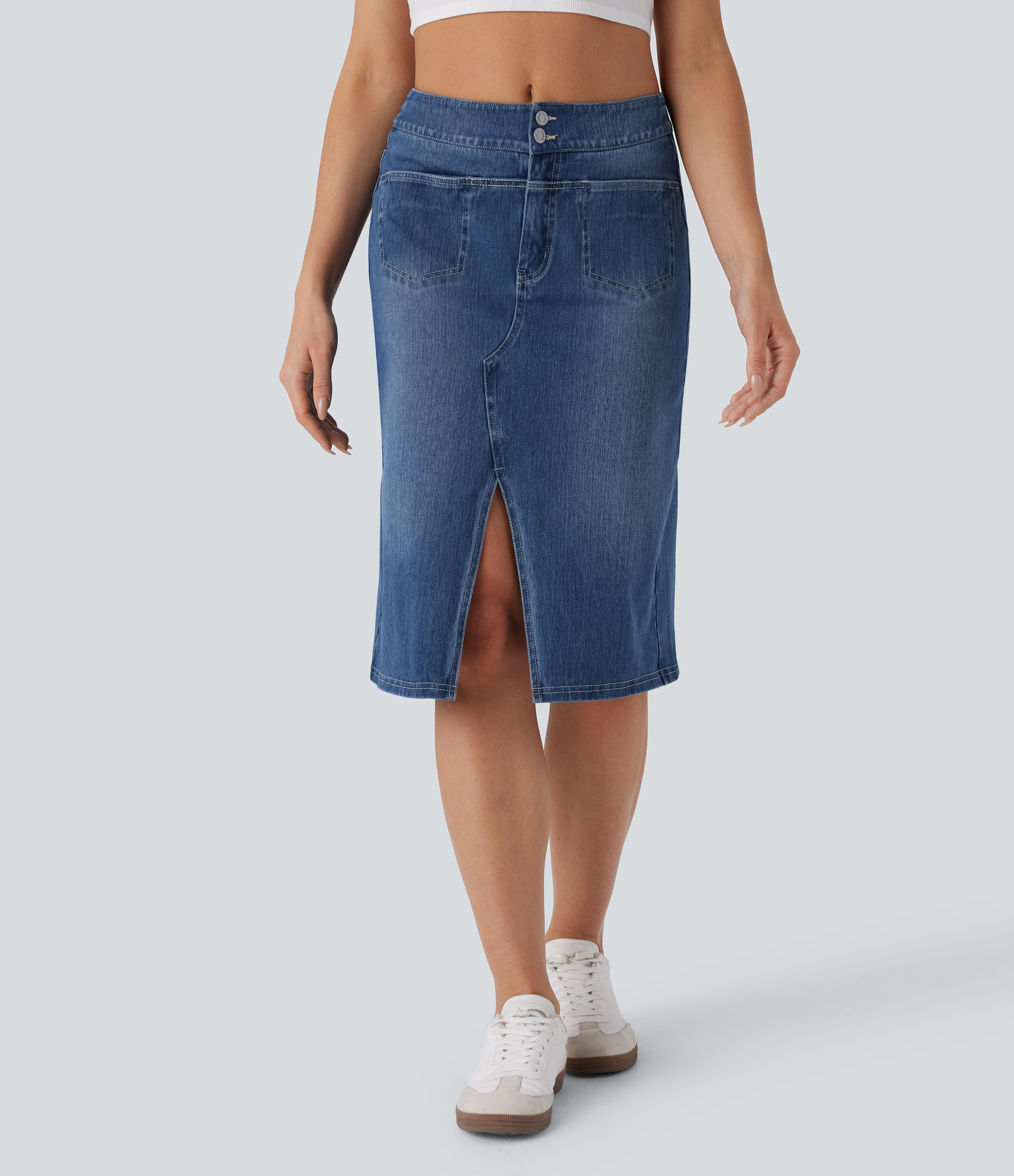 Halara Flex™ Jupe en Jean droite délavé taille mi-haute avec poches multiples et fente