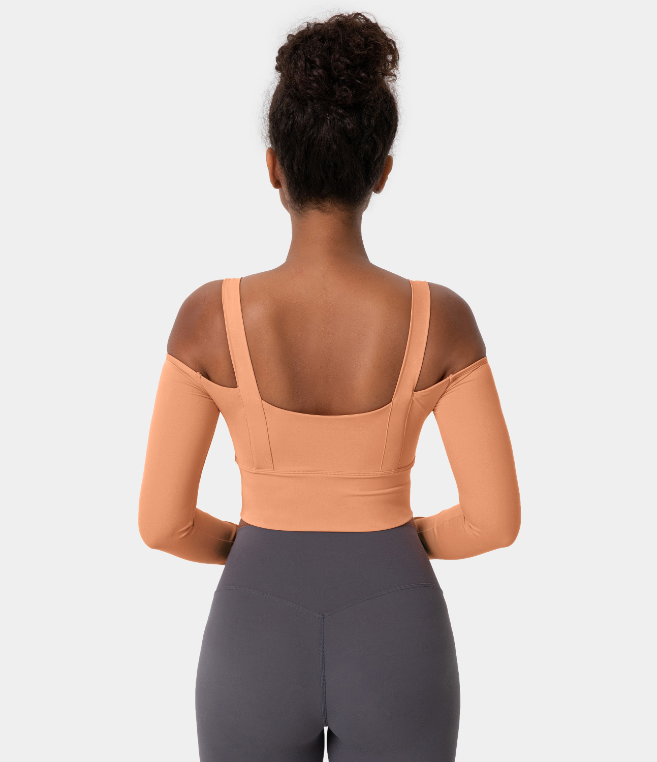 

Halara Square Neck Cold Shoulder Thumb Hole Cropped Sports Top - Apricot Wash