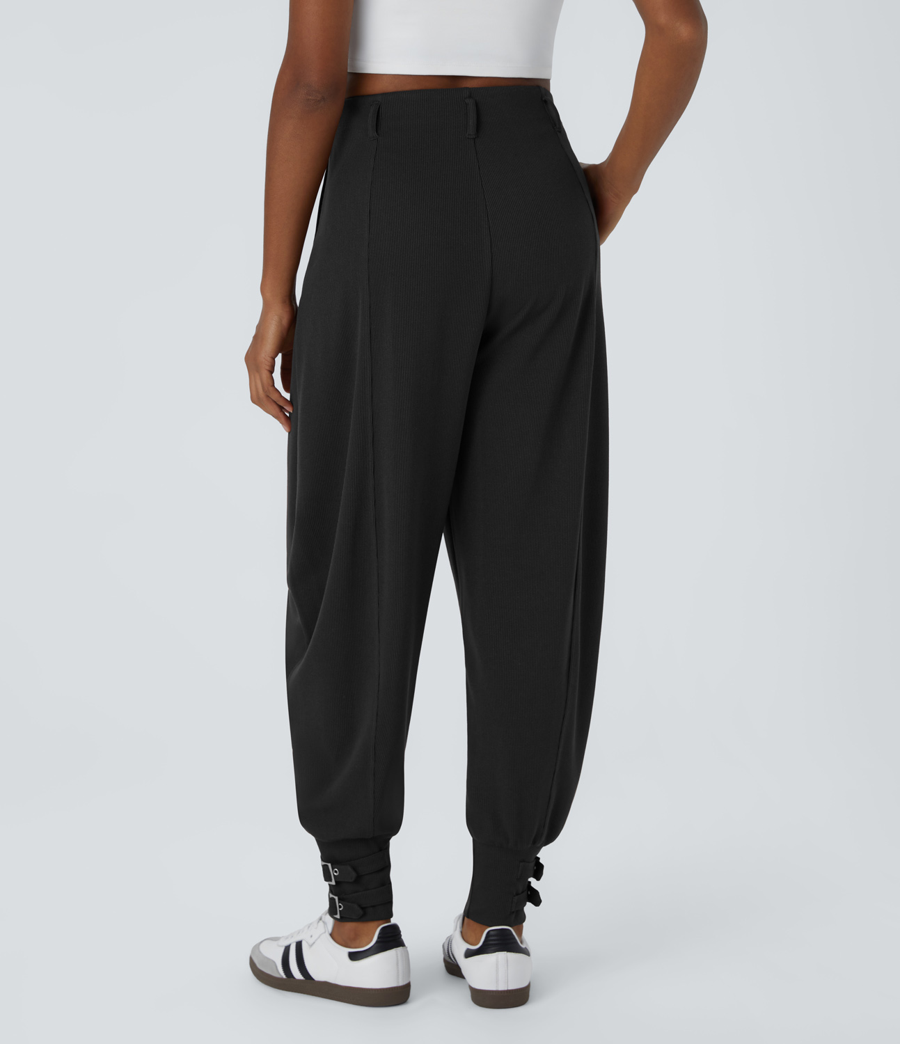 Halara Ribbed High Waisted Side Pocket Adjustable Buckle Hem Casual Joggers  - Black - XL(regular) 
