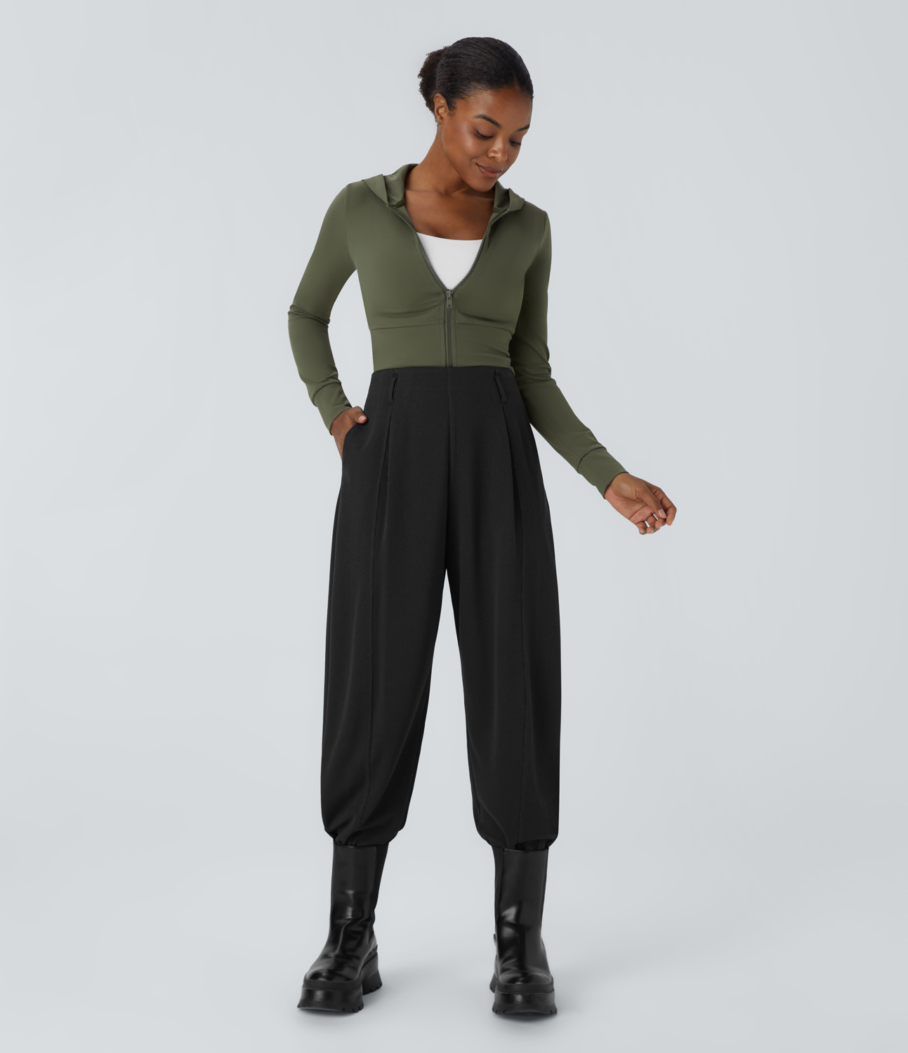 Halara Ribbed High Waisted Side Pocket Adjustable Buckle Hem Casual Joggers  - Black - XL(regular) 