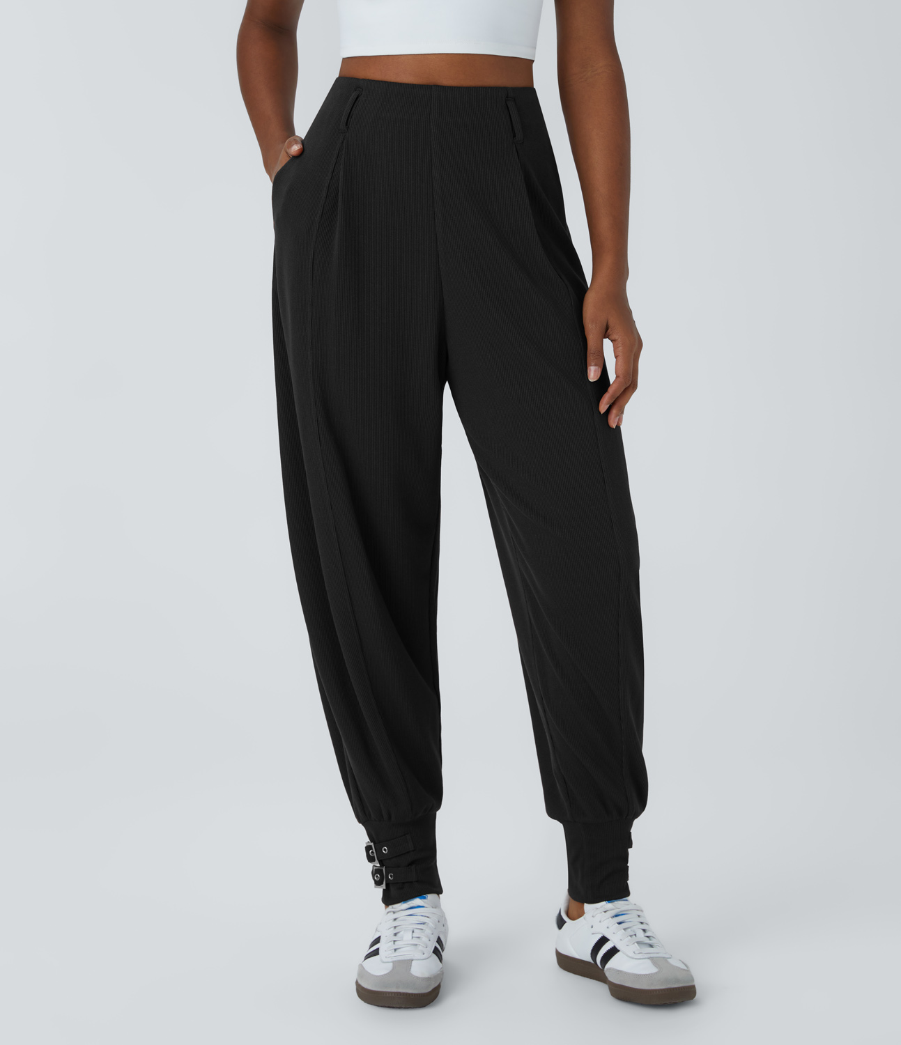 Halara Ribbed High Waisted Side Pocket Adjustable Buckle Hem Casual Joggers  - Black - XL(regular) 