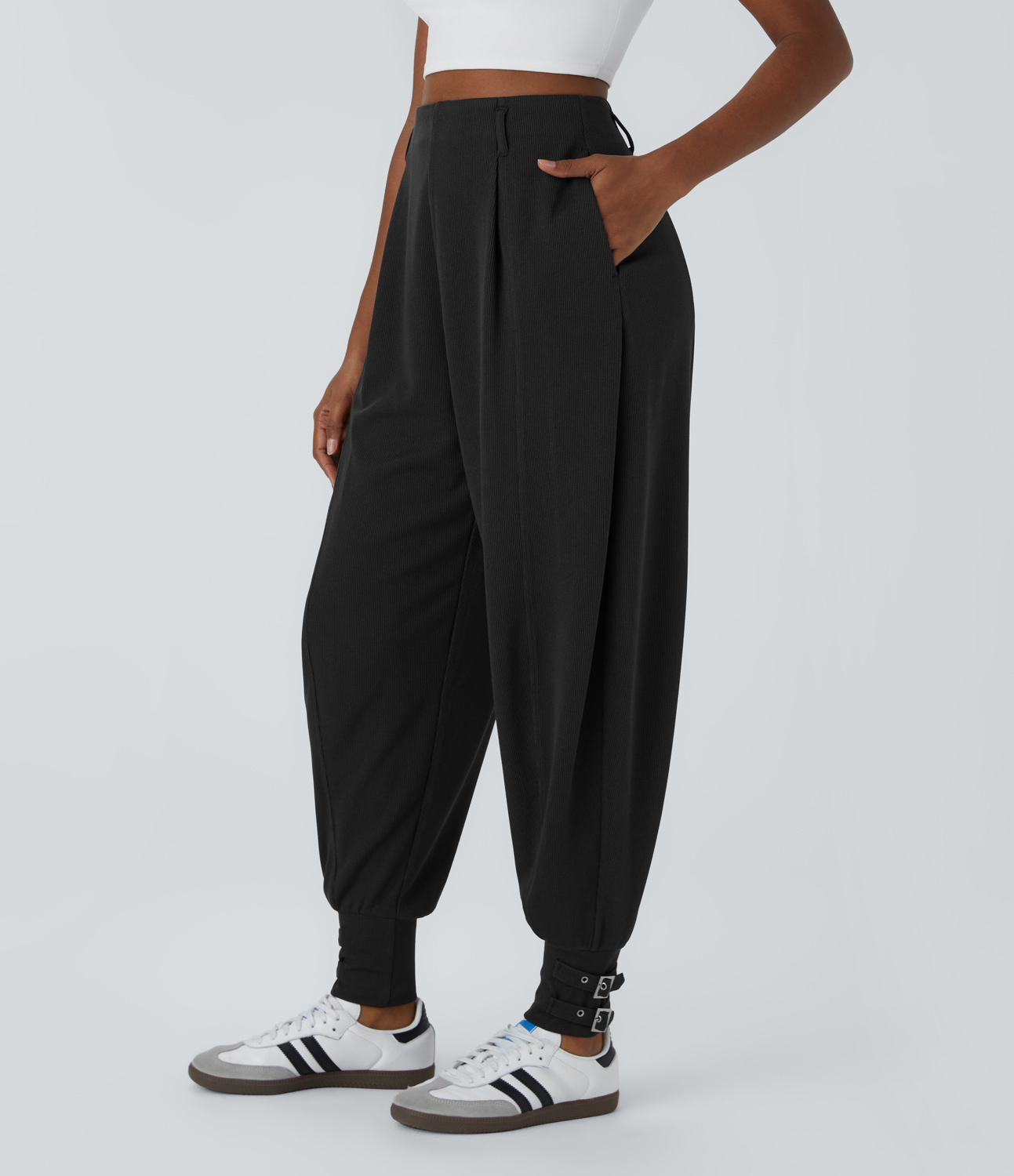 Halara Ribbed High Waisted Side Pocket Adjustable Buckle Hem Casual Joggers  - Black - XL(regular) 