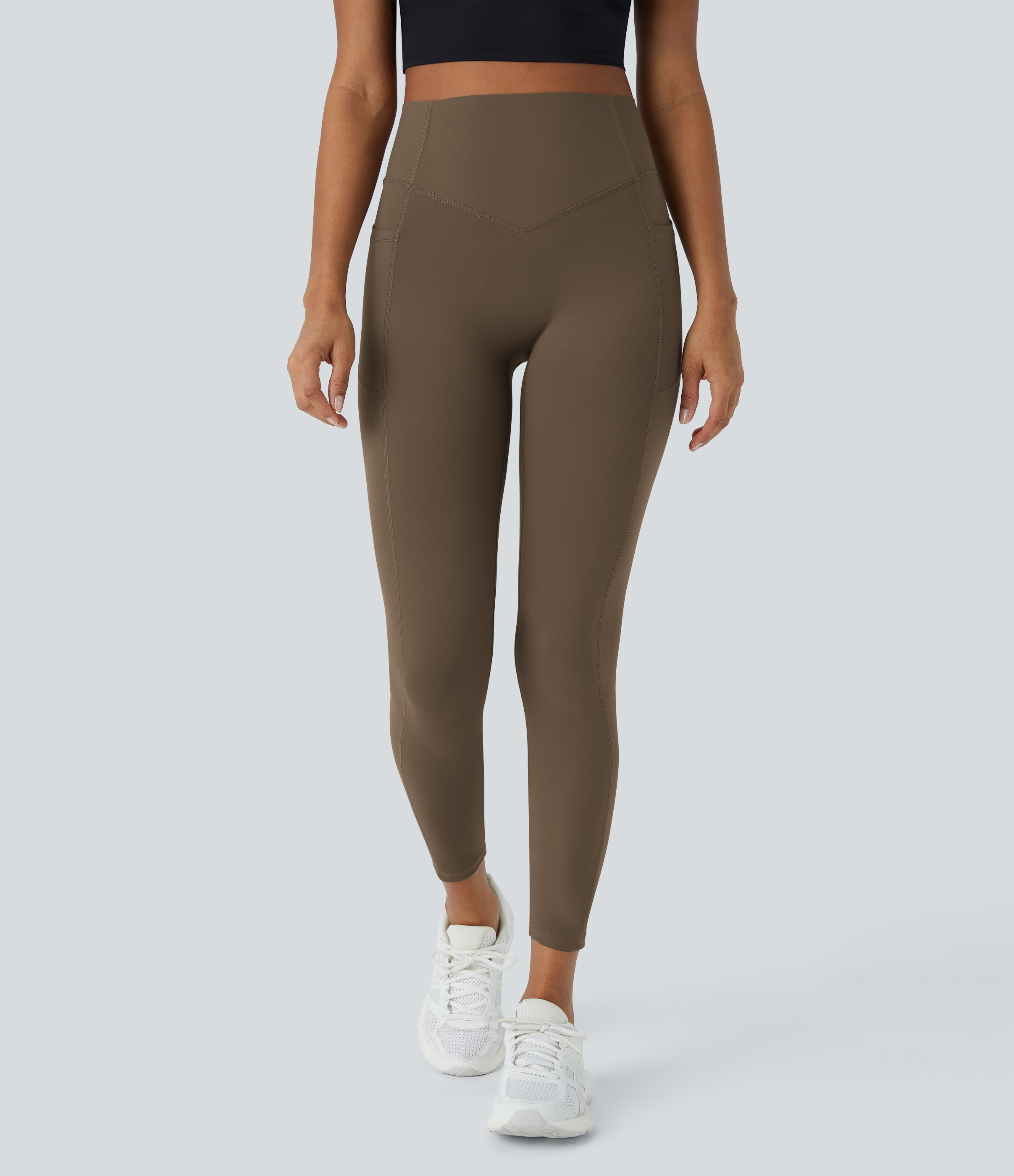 Halara SoCinched High Waisted Butt Lifting Tummy Control Side Pocket Shaping Training UltraSculpt Leggings  - Thick Earthy Brown - L(7/8) 