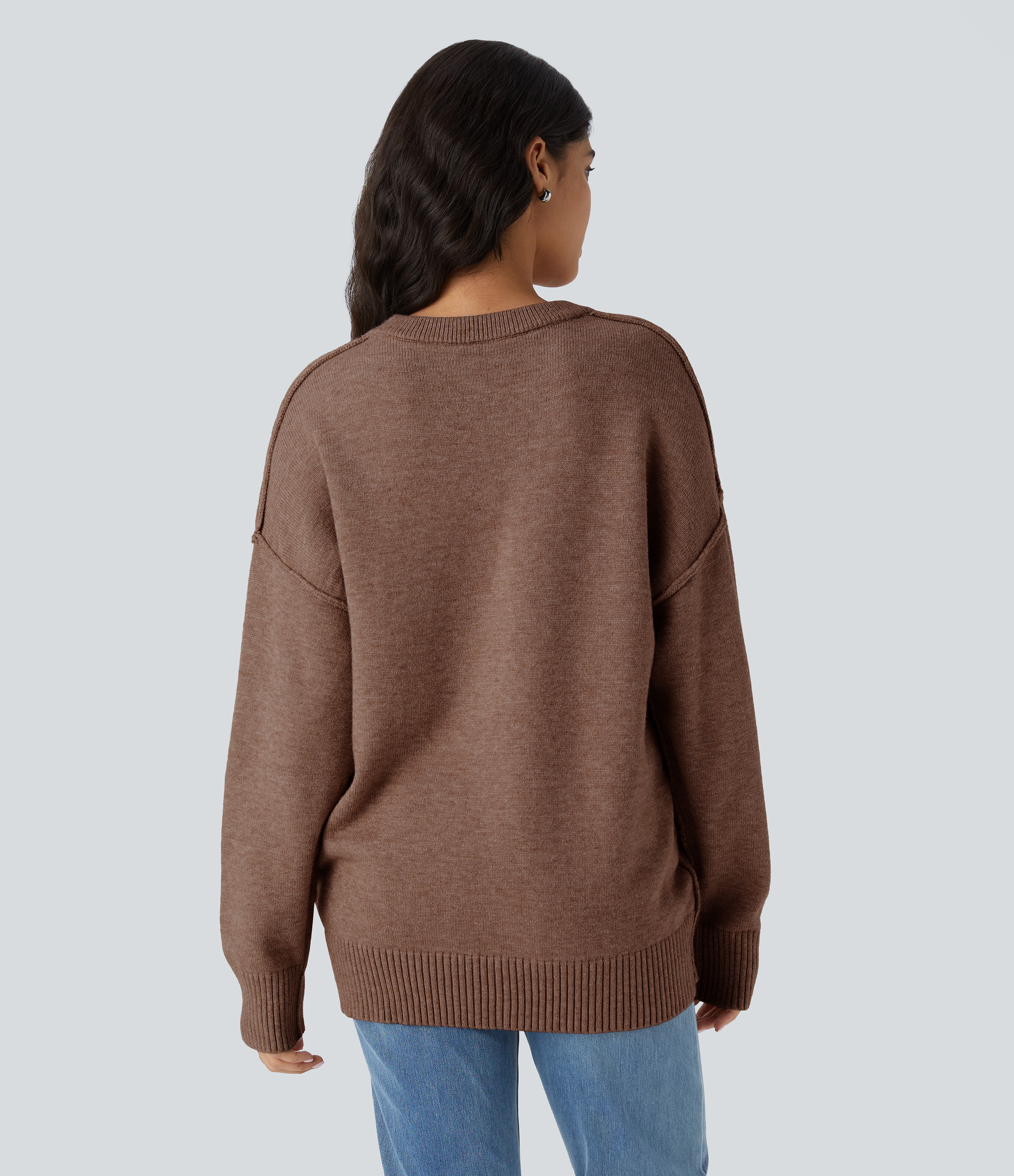 Halara Round Neck Dropped Shoulder Long Sleeve Casual Sweater  - Sorrel Horse - M 