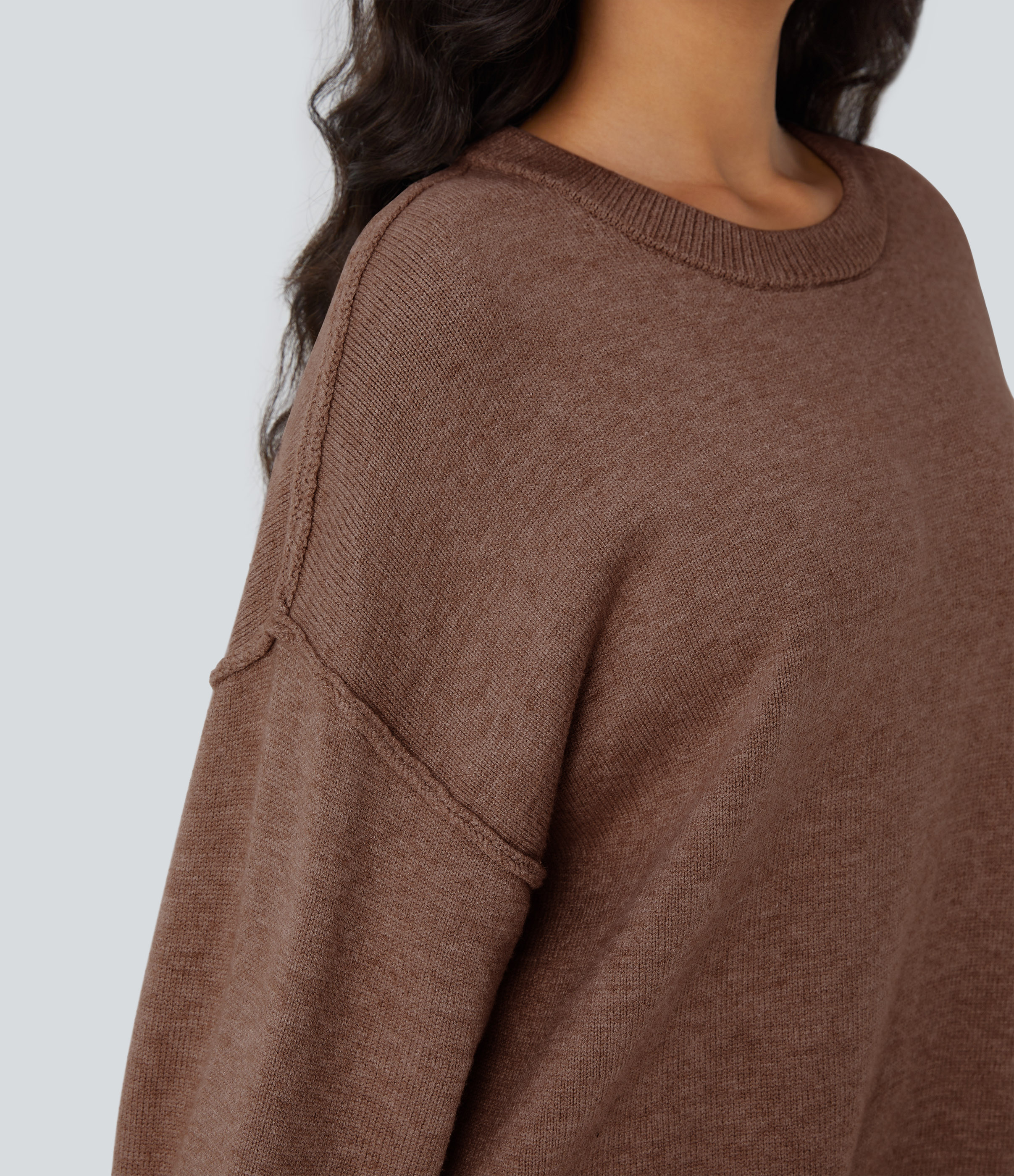 Halara Round Neck Dropped Shoulder Long Sleeve Casual Sweater  - Sorrel Horse - M 