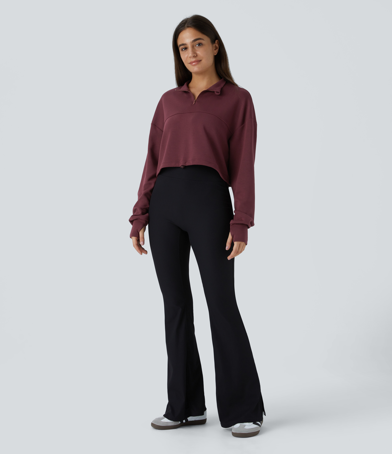 Halara Half Zipper Placket Thumb Hole Adjustable Drawcord Hem Cropped Casual Sweatshirt  - Oxblood Red - S 