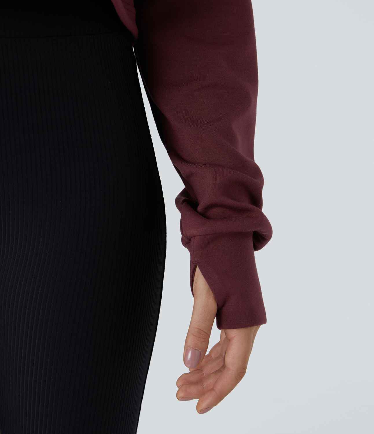 Halara Half Zipper Placket Thumb Hole Adjustable Drawcord Hem Cropped Casual Sweatshirt  - Oxblood Red - S 