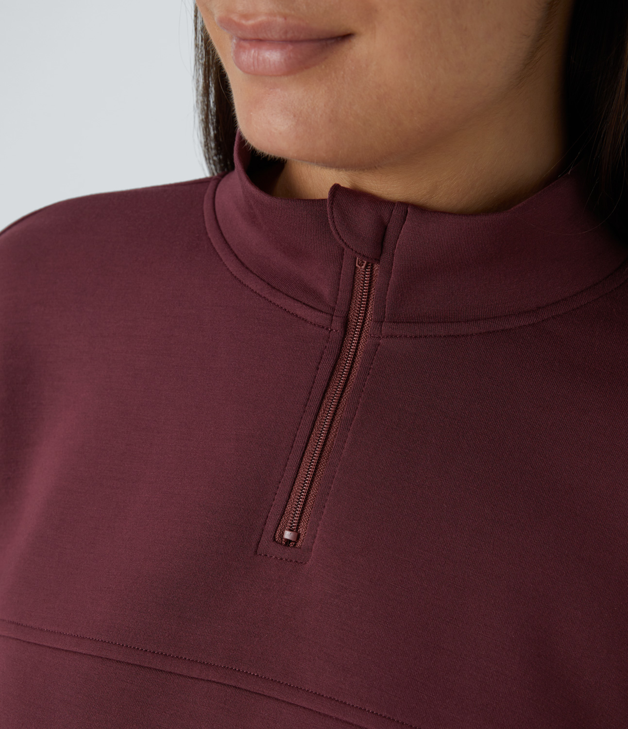 Halara Half Zipper Placket Thumb Hole Adjustable Drawcord Hem Cropped Casual Sweatshirt  - Oxblood Red - S 