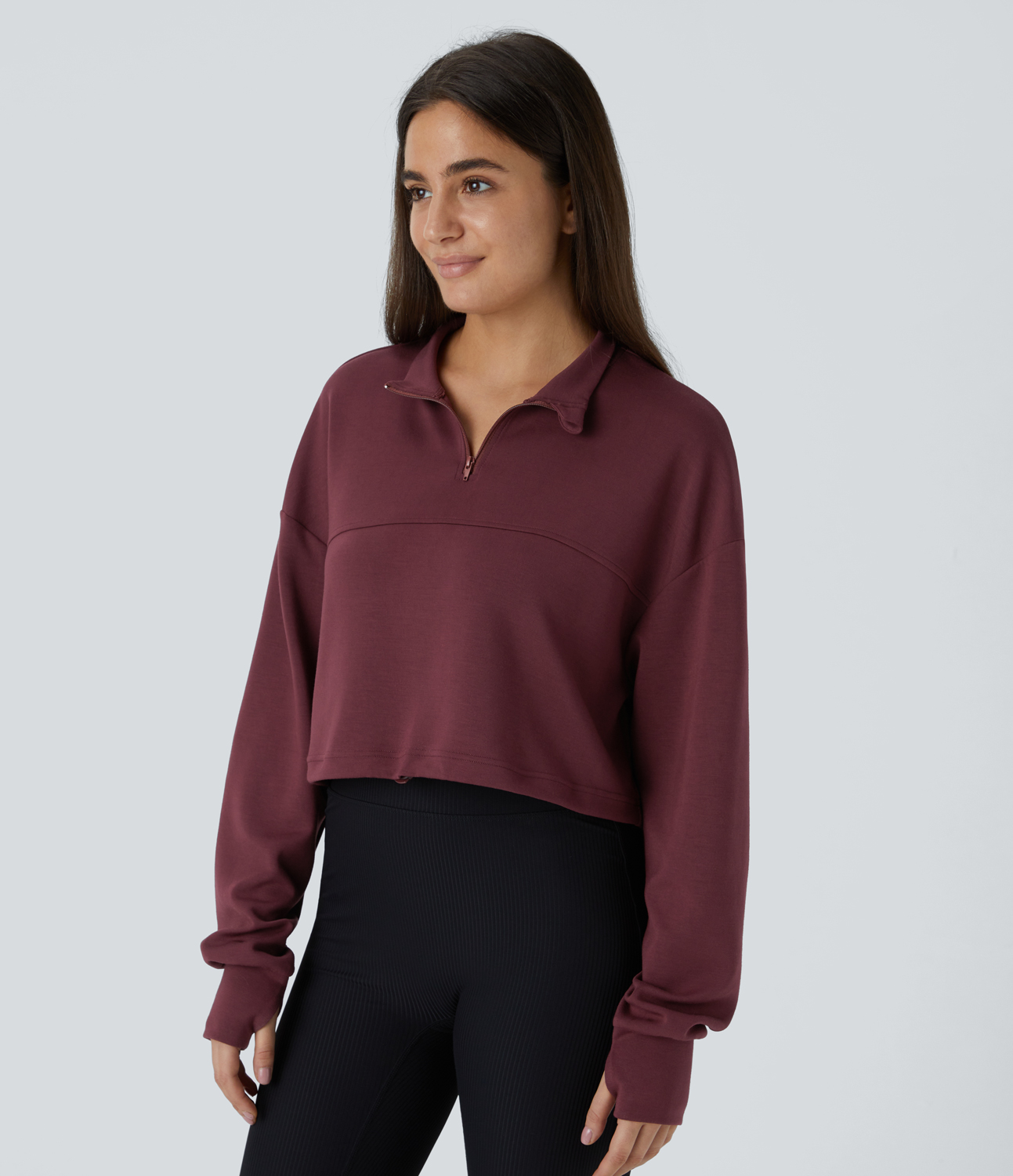 Halara Half Zipper Placket Thumb Hole Adjustable Drawcord Hem Cropped Casual Sweatshirt  - Oxblood Red - S 