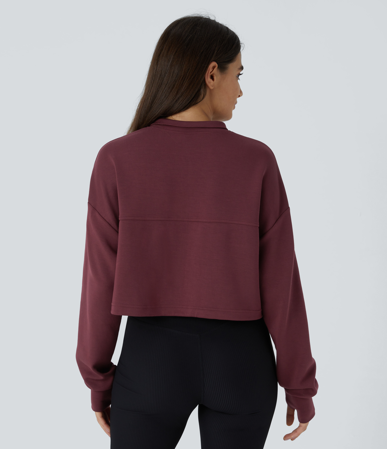 Halara Half Zipper Placket Thumb Hole Adjustable Drawcord Hem Cropped Casual Sweatshirt  - Oxblood Red - S 