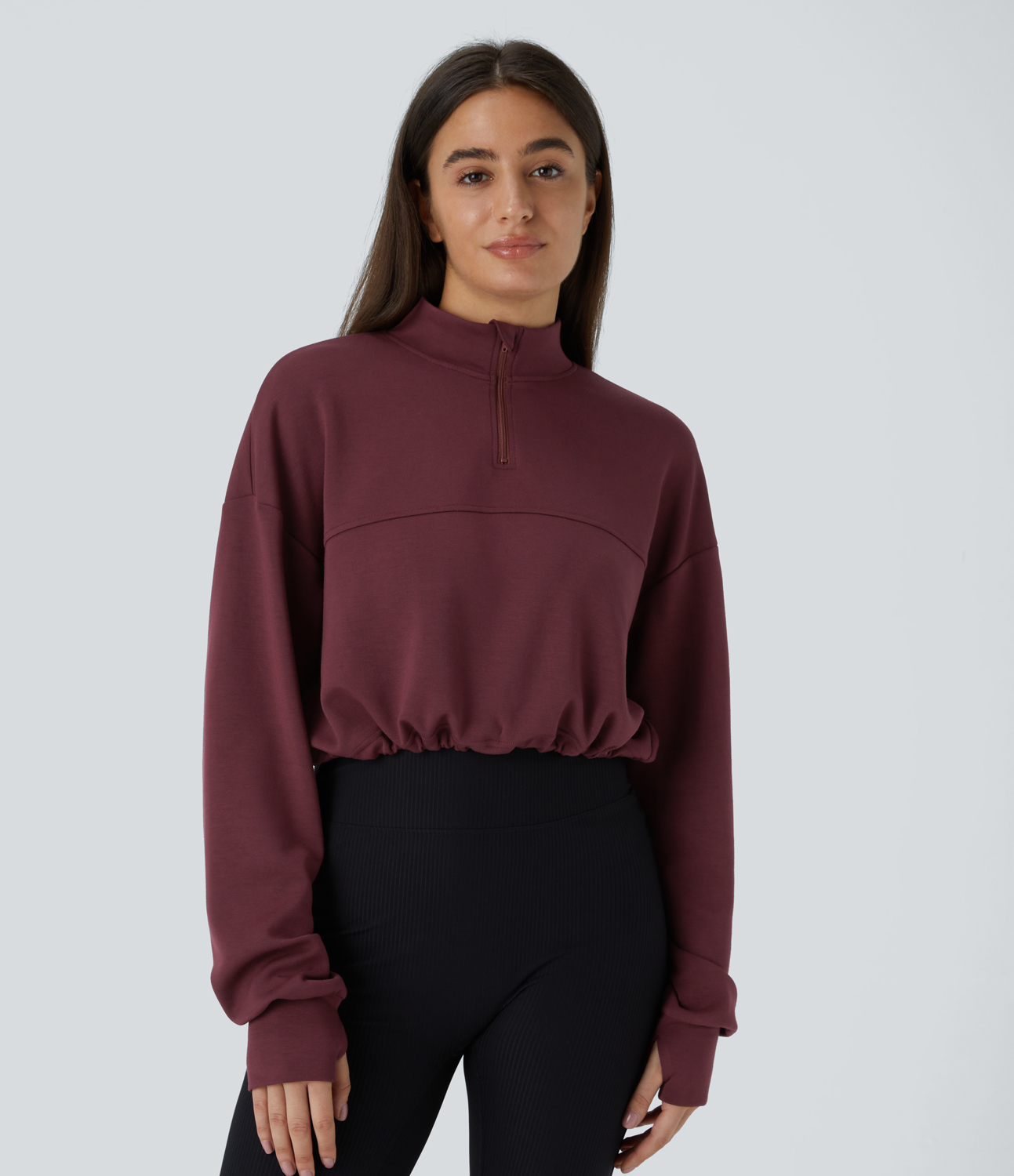 Halara Half Zipper Placket Thumb Hole Adjustable Drawcord Hem Cropped Casual Sweatshirt  - Oxblood Red - S 