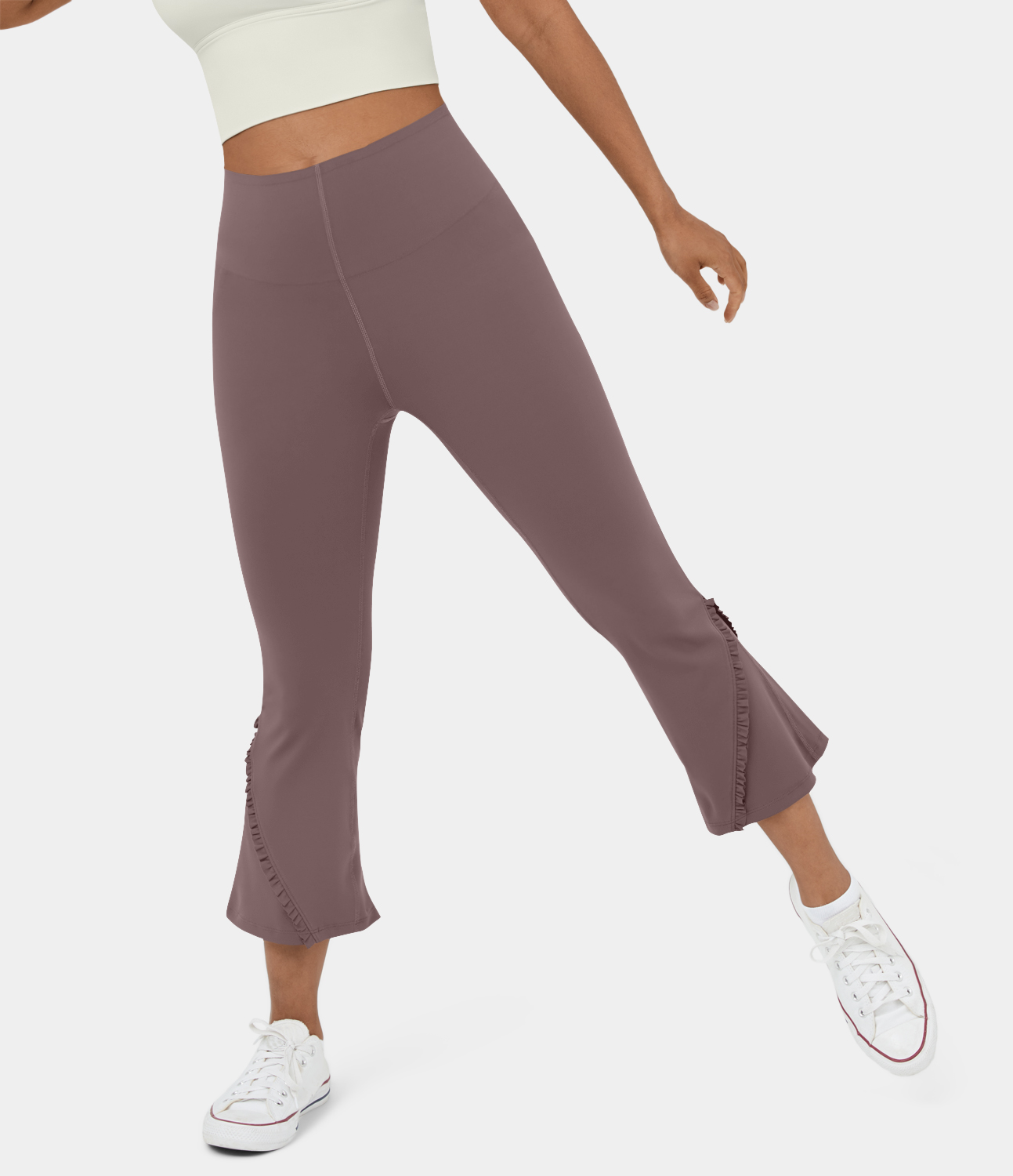 Halara High Waisted Tummy Control Frill Slight Flare Capri Casual Leggings  - Deep Tea Brown - M gym leggings leggings with pockets 