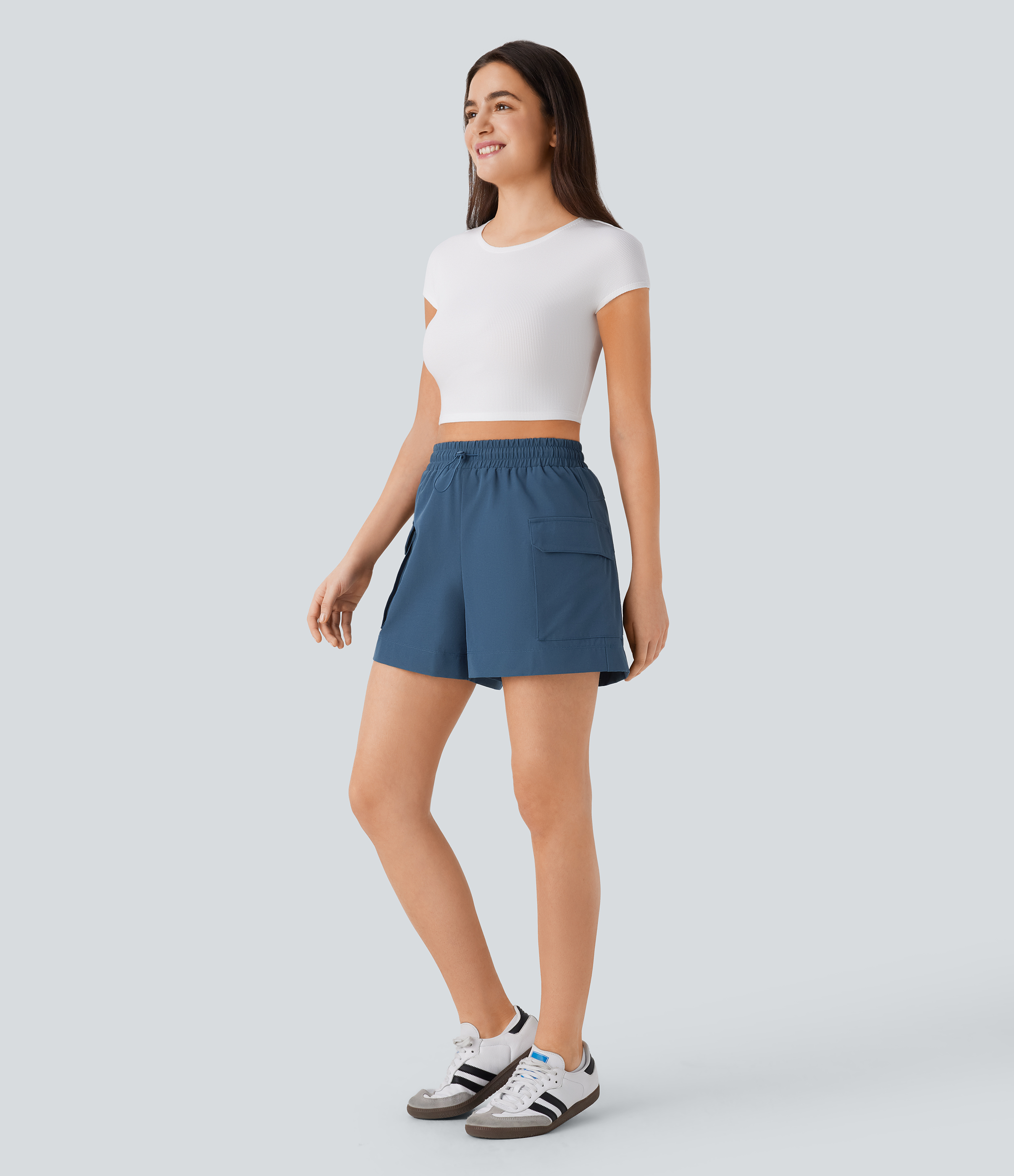 Halara High Waisted Drawstring Flap Pocket Casual Cargo Shorts  - Dark Blue - S booty shorts compression shorts yoga shorts 