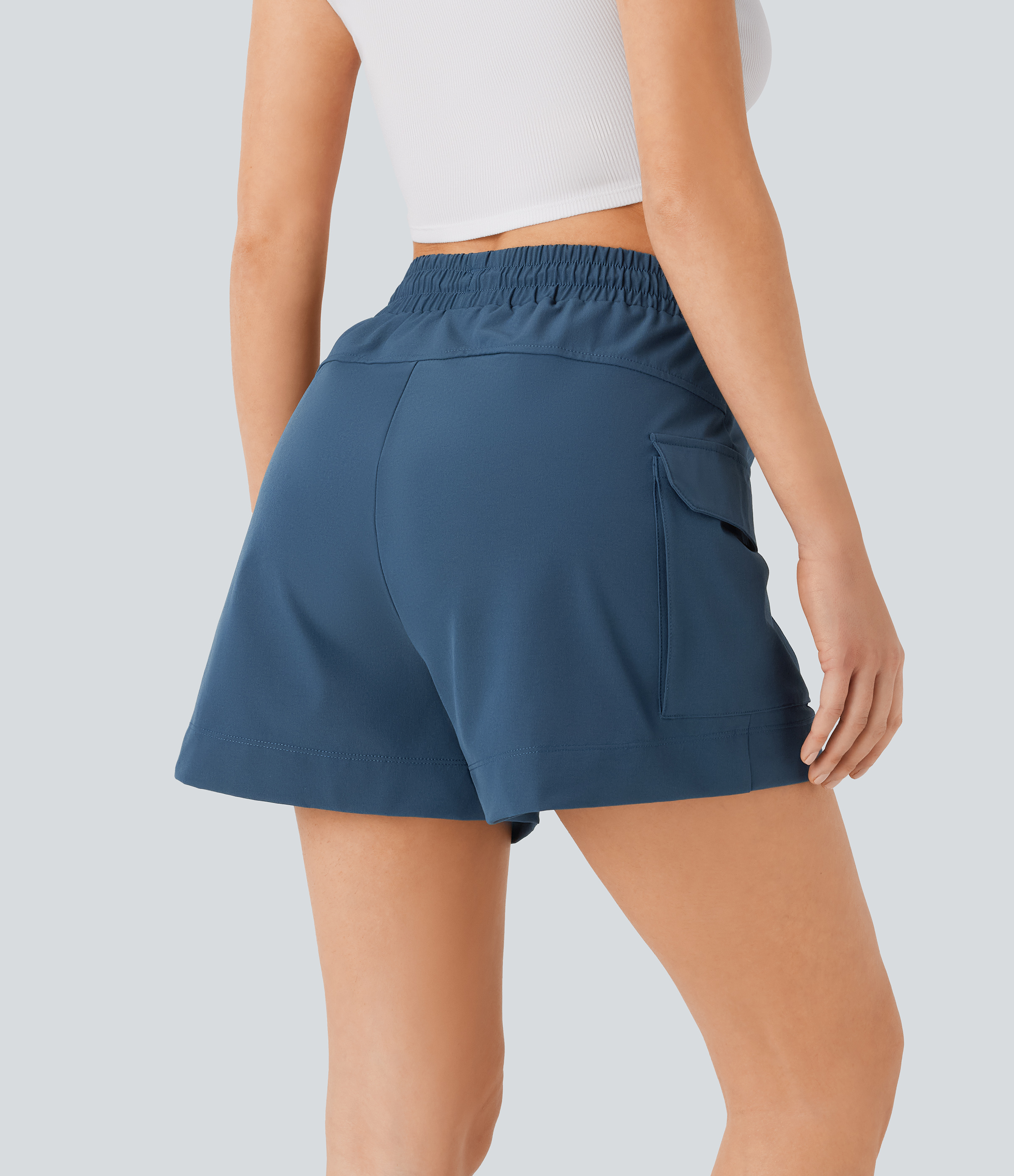 Halara High Waisted Drawstring Flap Pocket Casual Cargo Shorts  - Dark Blue - S booty shorts compression shorts yoga shorts 