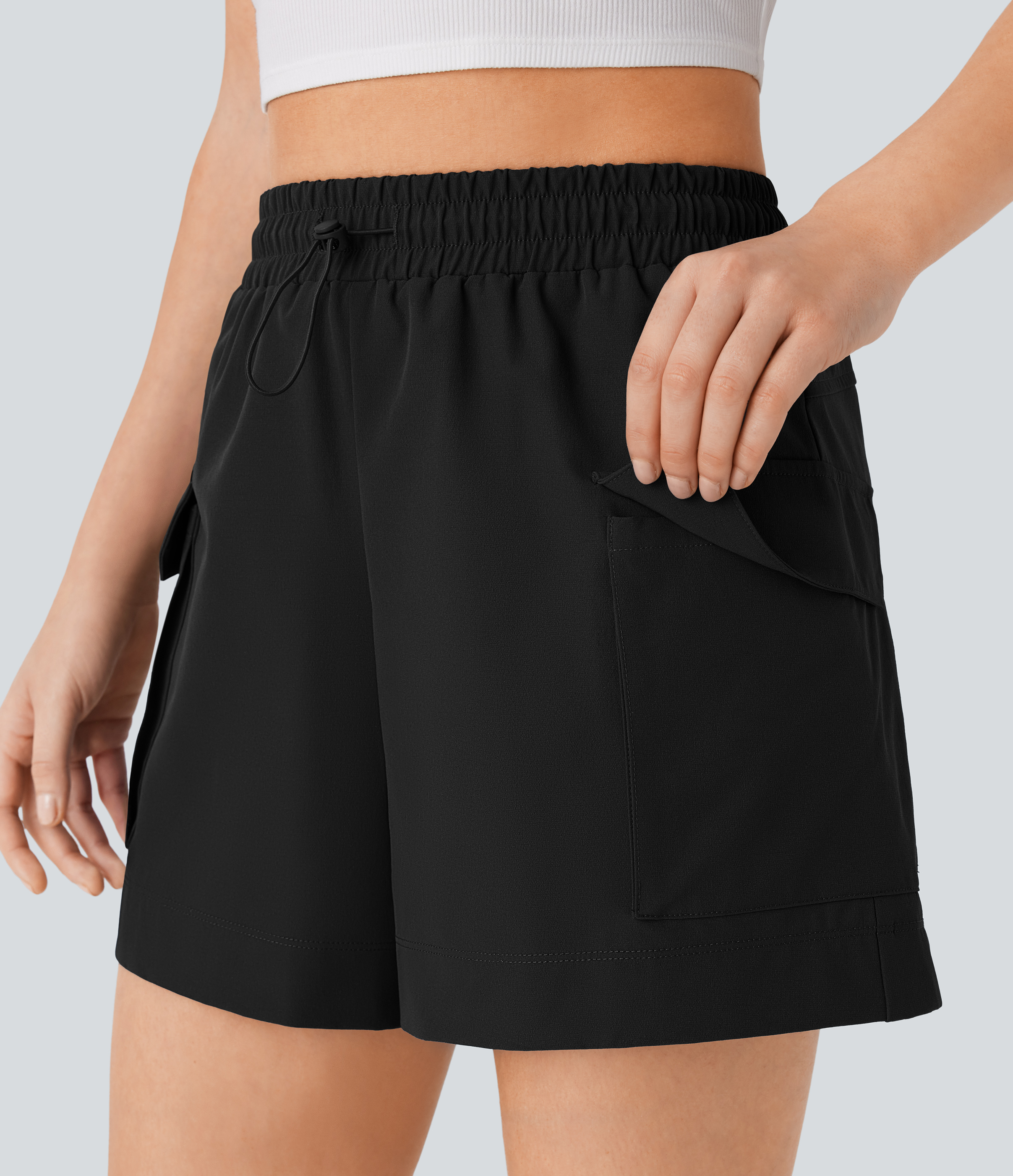 Halara High Waisted Drawstring Flap Pocket Casual Cargo Shorts  - Black - S booty shorts compression shorts yoga shorts 