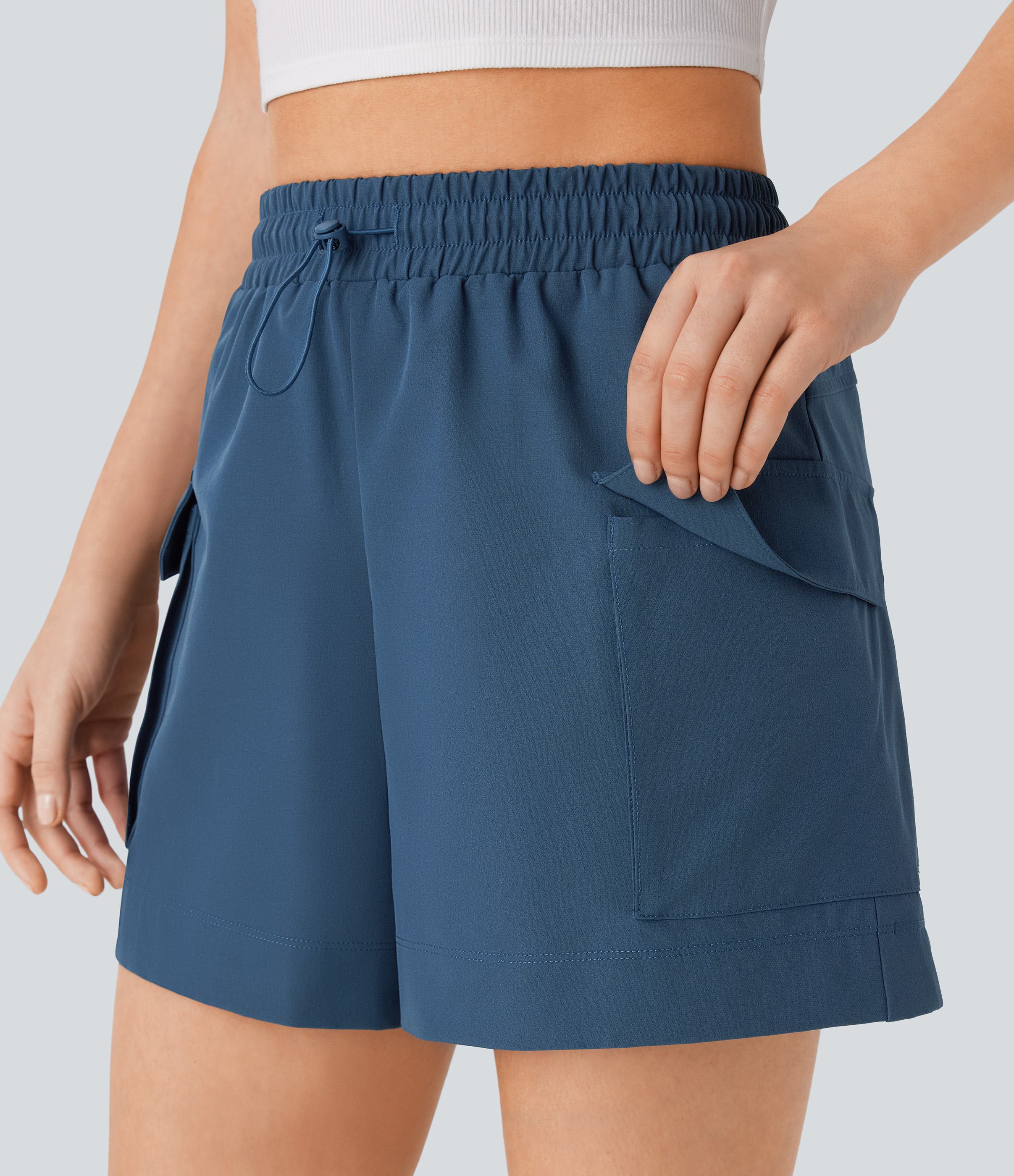 Halara High Waisted Drawstring Flap Pocket Casual Cargo Shorts  - Dark Blue - S booty shorts compression shorts yoga shorts 