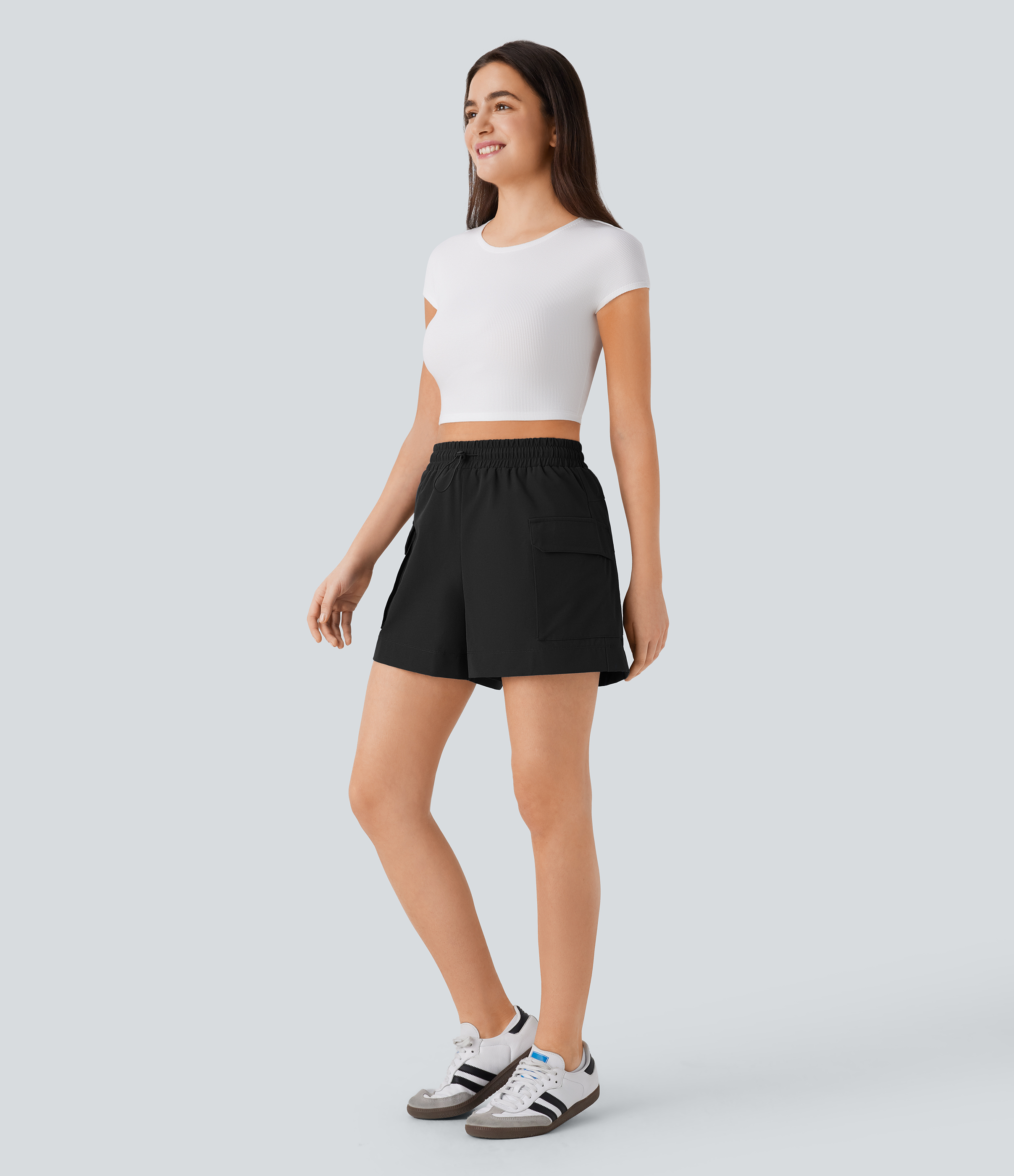 Halara High Waisted Drawstring Flap Pocket Casual Cargo Shorts  - Black - S booty shorts compression shorts yoga shorts 