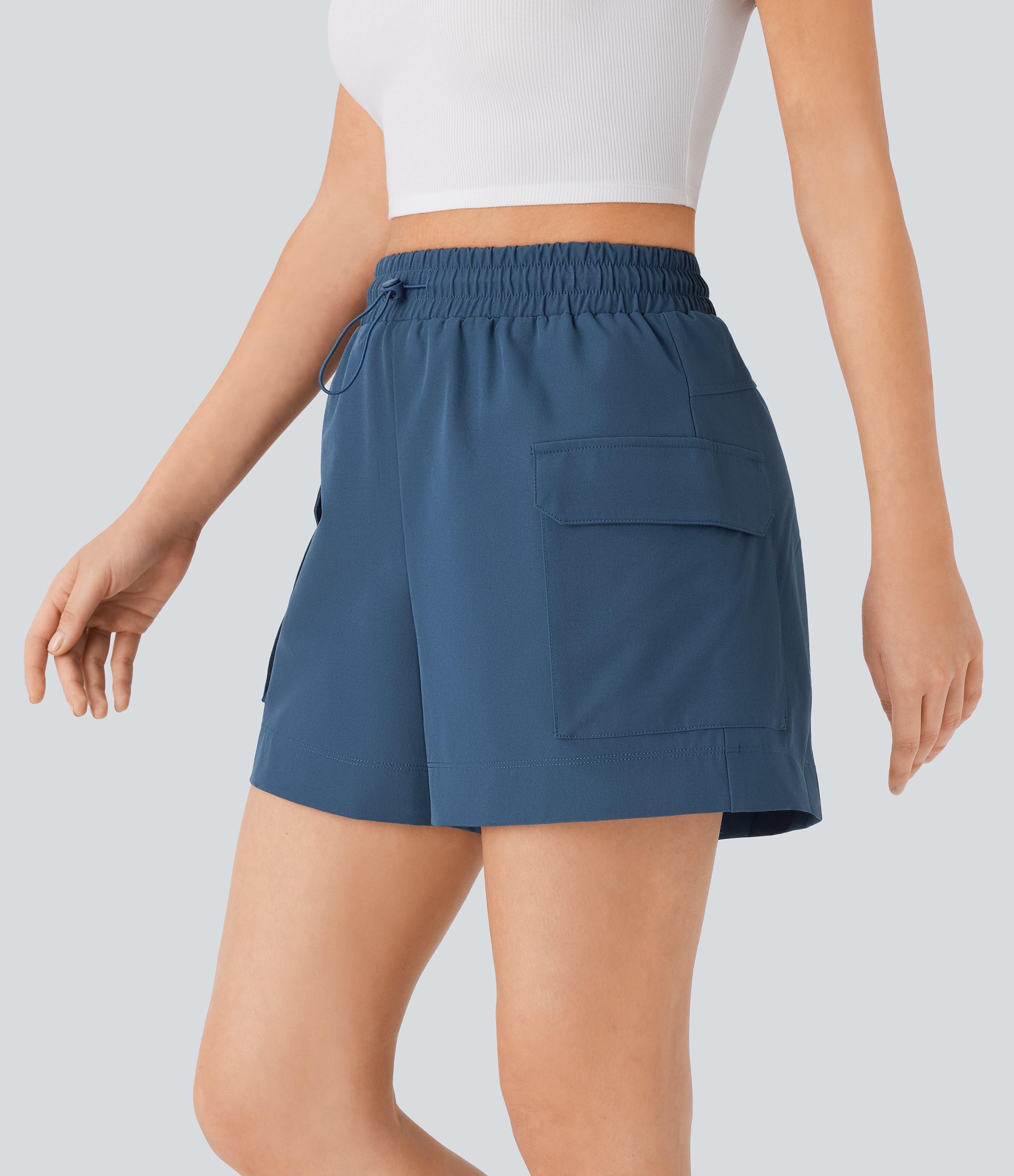 Halara High Waisted Drawstring Flap Pocket Casual Cargo Shorts  - Dark Blue - S booty shorts compression shorts yoga shorts 