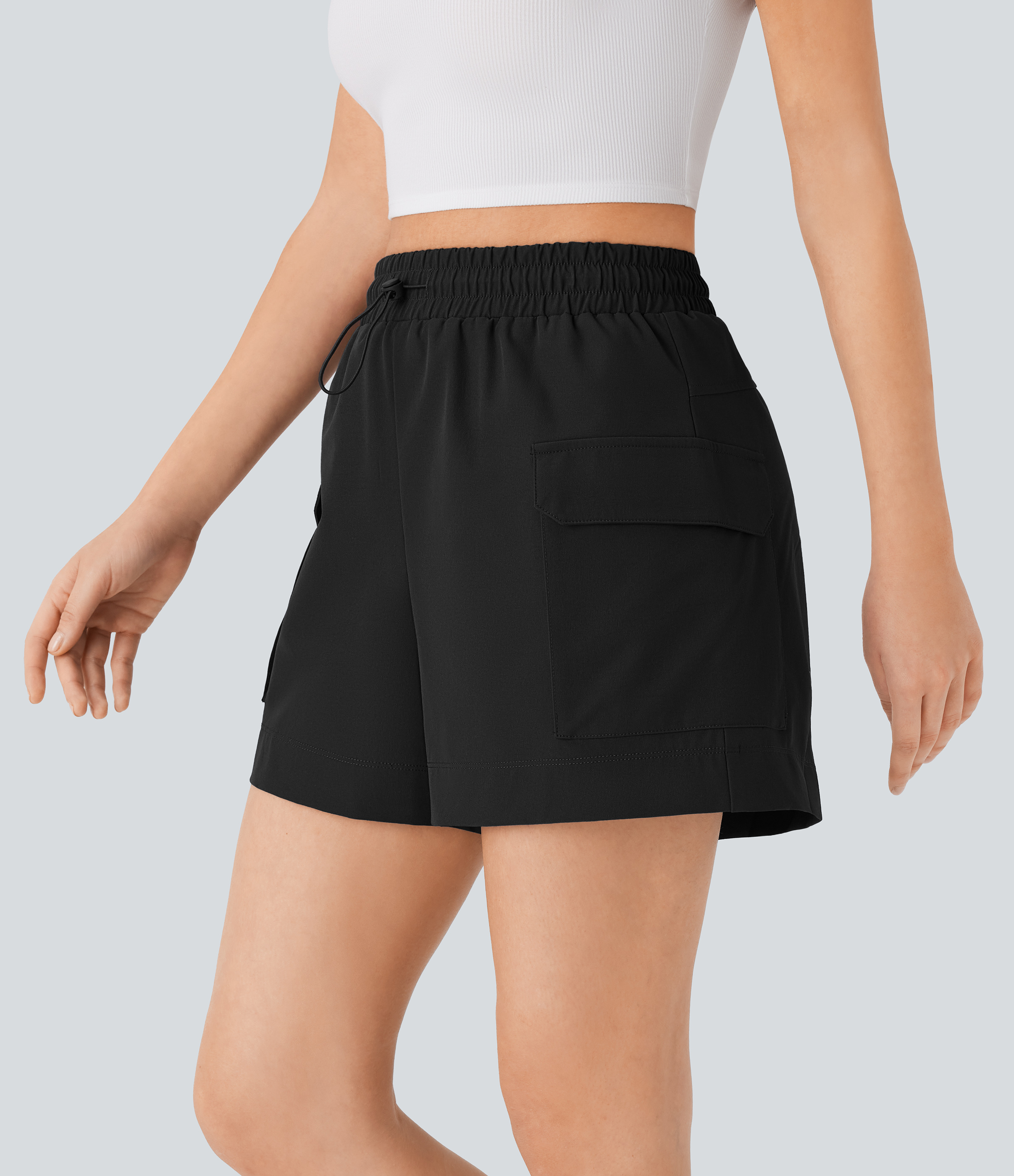 Halara High Waisted Drawstring Flap Pocket Casual Cargo Shorts  - Black - S booty shorts compression shorts yoga shorts 