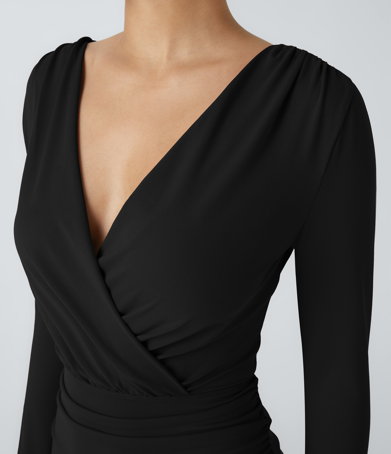 Halara V Neck Crossover Long Sleeve Ruched Bodycon Mini Casual Dress Casual Dress - Black - XS slip dress beach dress ruched dress 
