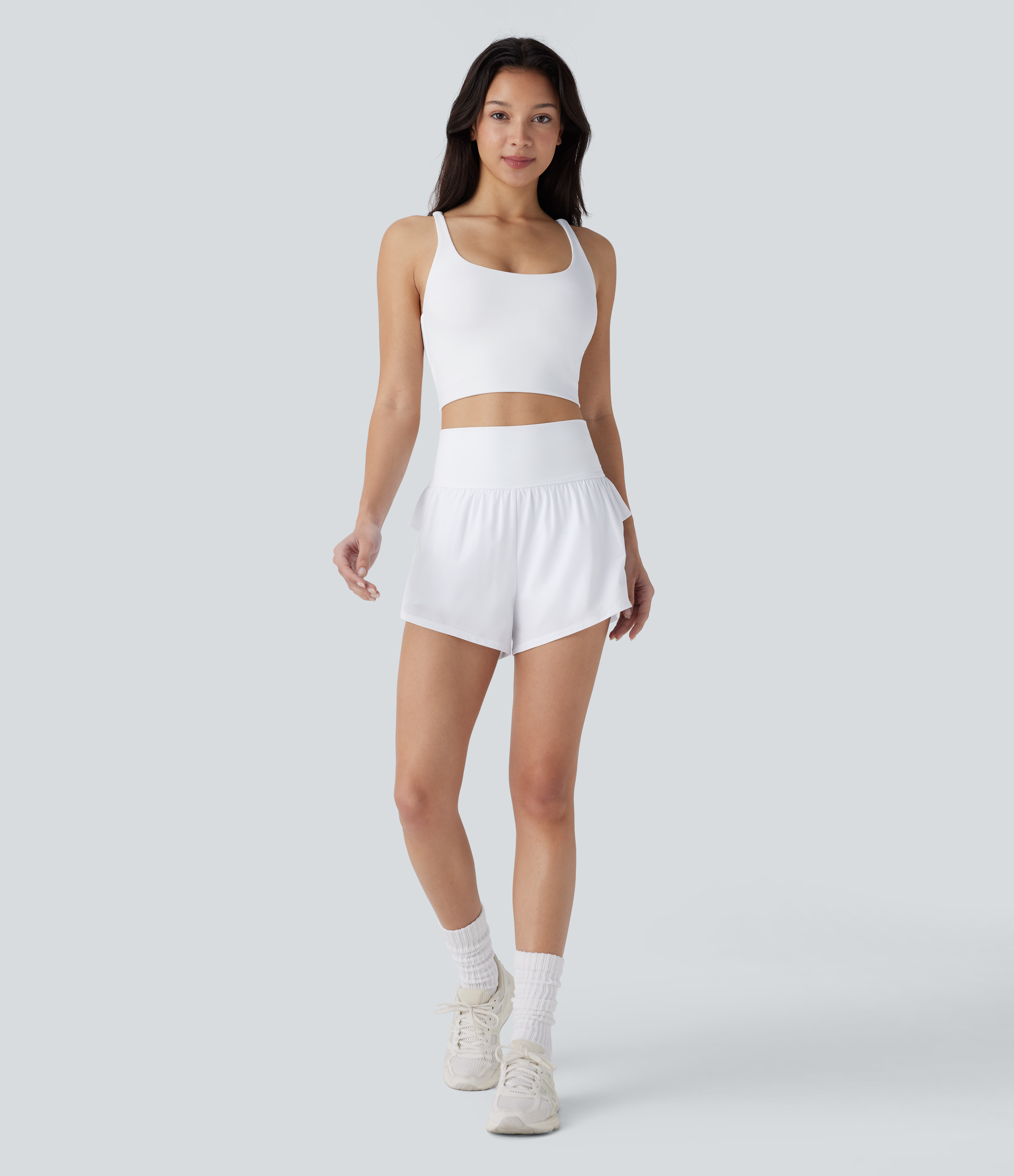 Halara Breezefulв„ў High Waisted Ruffle Contrast Mesh 2-in-1 Quick Dry Yoga Shorts Gym Short - White - M booty shorts compression shorts 