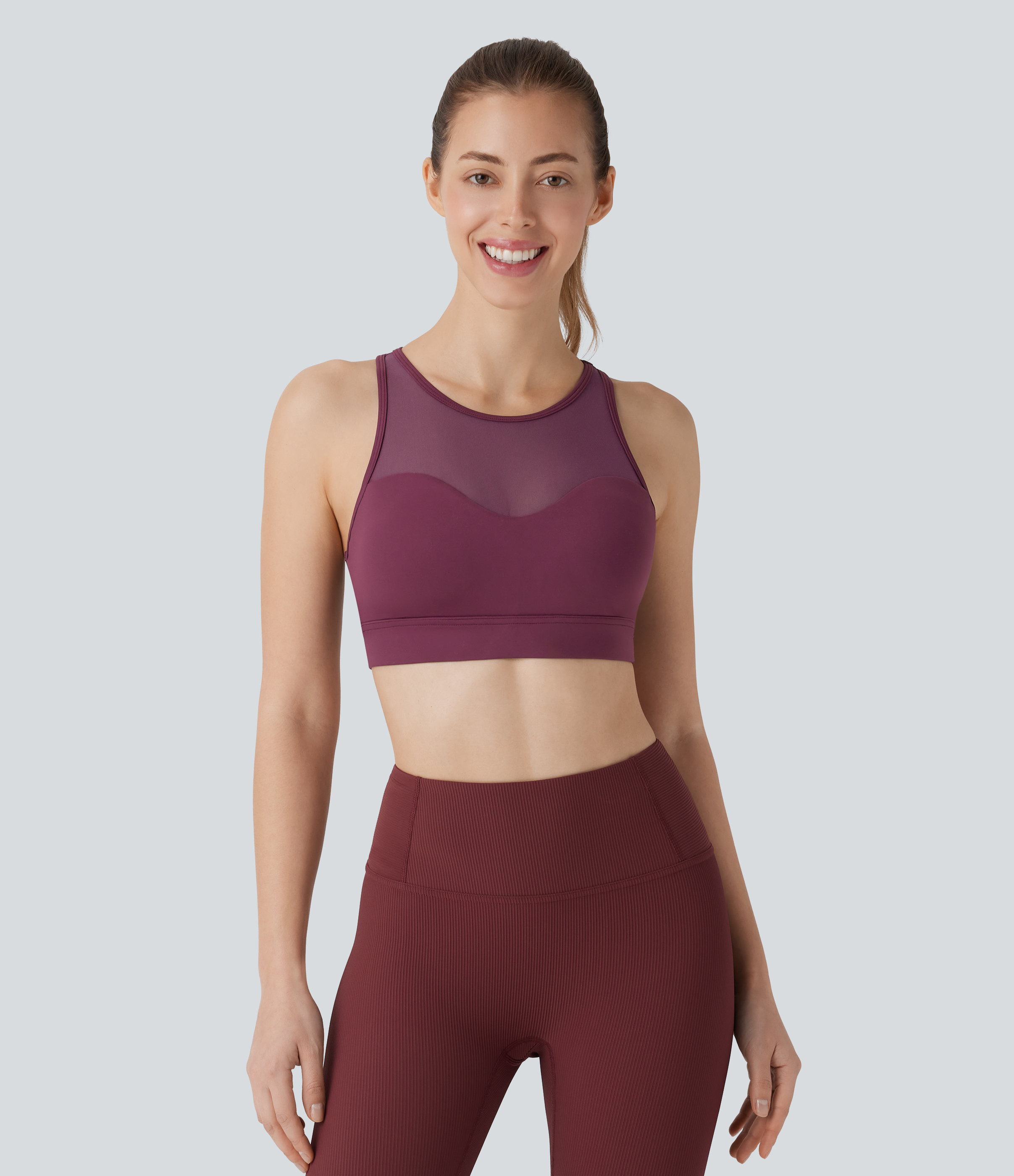 Halara Softlyzeroв„ў Airy Mid Support Racerback Contrast Mesh Cool Touch Workout Sports Bra  - Fig - XS push up bra strapless bra backless bra 