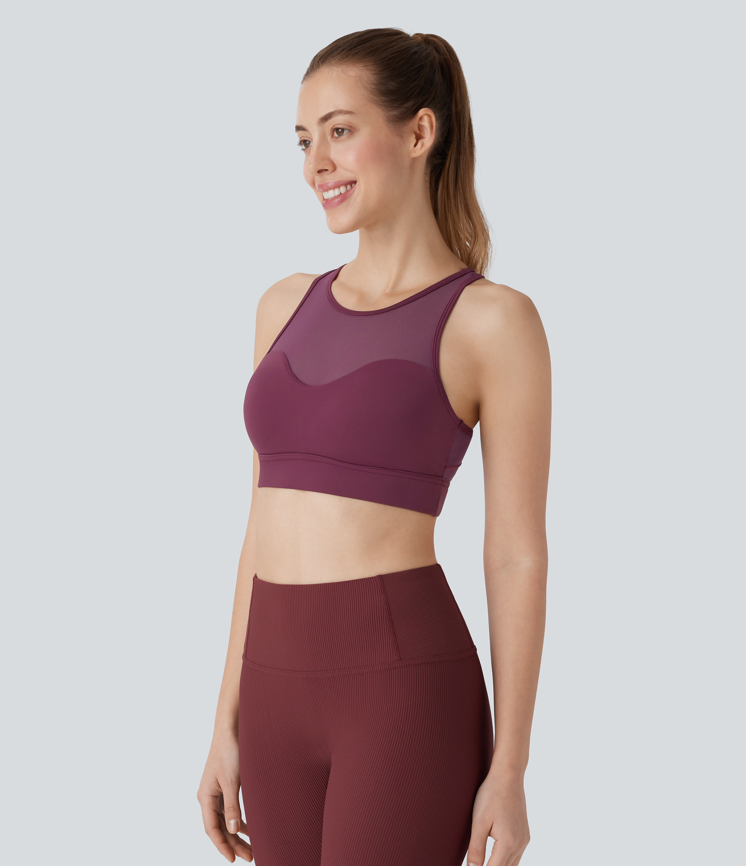 Halara Softlyzeroв„ў Airy Mid Support Racerback Contrast Mesh Cool Touch Workout Sports Bra  - Fig - XS push up bra strapless bra backless bra 