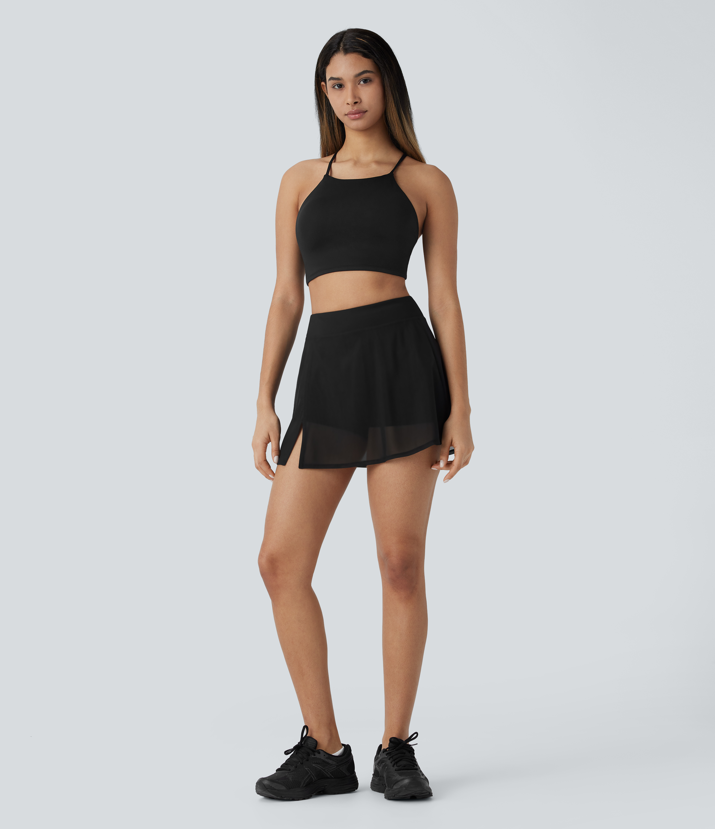 Halara High Waisted 2-in-1 Side Pocket Contrast Mesh Split Mini Yoga Skirt  - Black - XL(regular) 