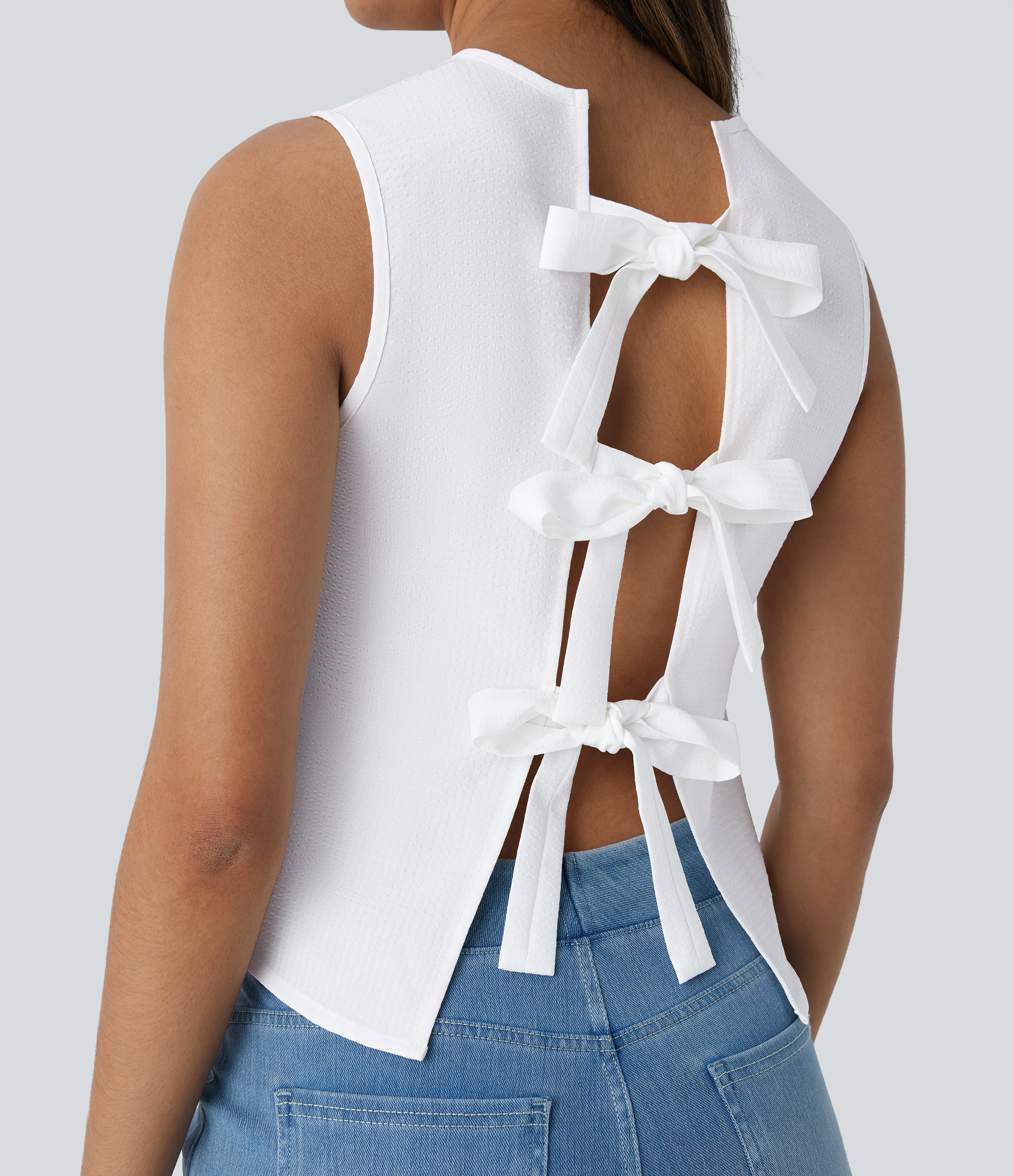 Halara Round Neck Sleeveless Tie Back Casual Top Tank Top - White - XL golf tops halter top tunic tops sleeveless tops backless top 
