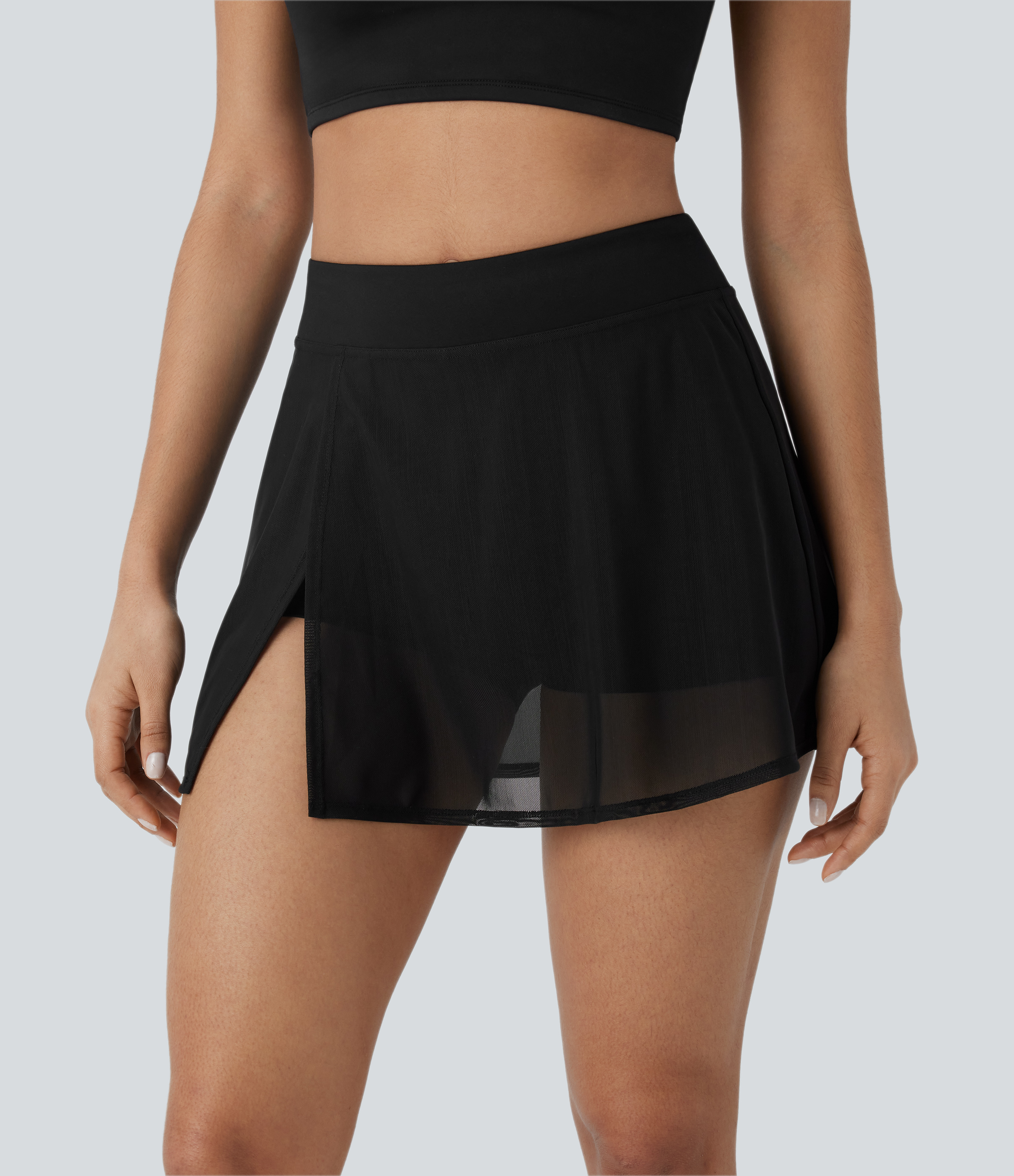 Minifalda de yoga de talle alto 2 en 1 con bolsillo y paneles de malla a contraste