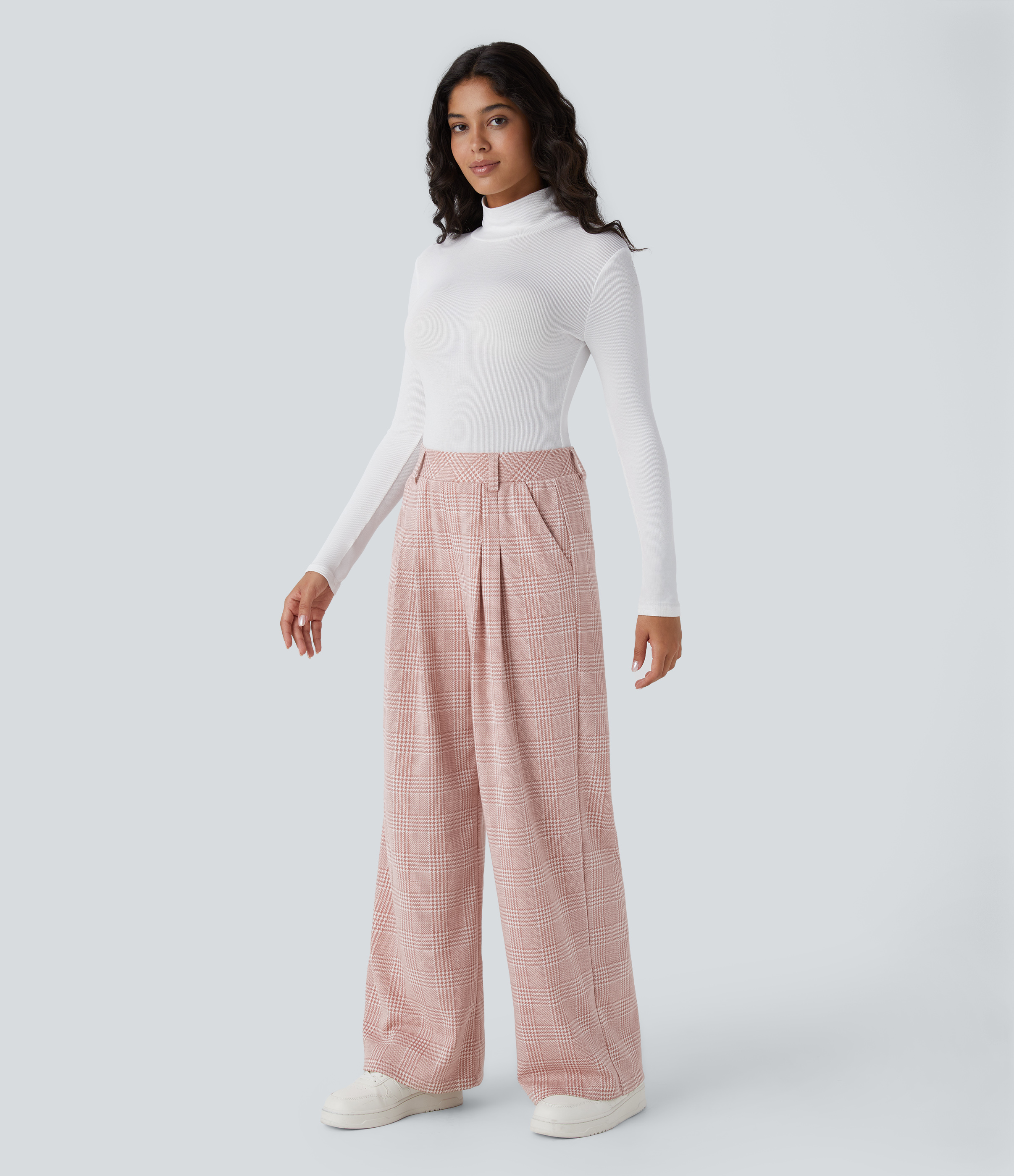 Halara High Waisted Side Pocket Wide Leg Houndstooth Plaid Casual Pants  - Bean Paste Houndstooth Plaid - L(regular) sweatpants jogger pants 