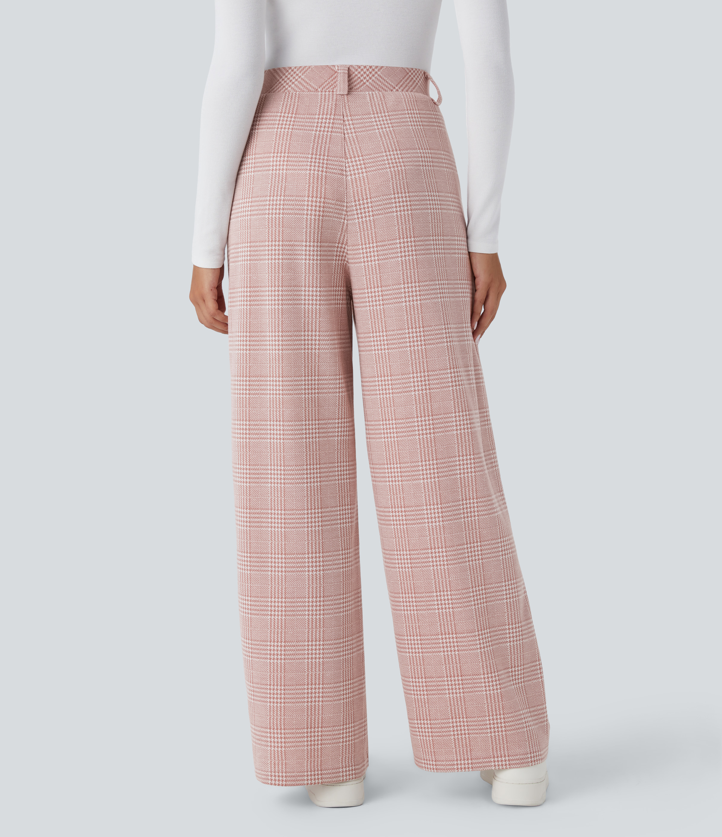 Halara High Waisted Side Pocket Wide Leg Houndstooth Plaid Casual Pants  - Bean Paste Houndstooth Plaid - L(regular) sweatpants jogger pants 