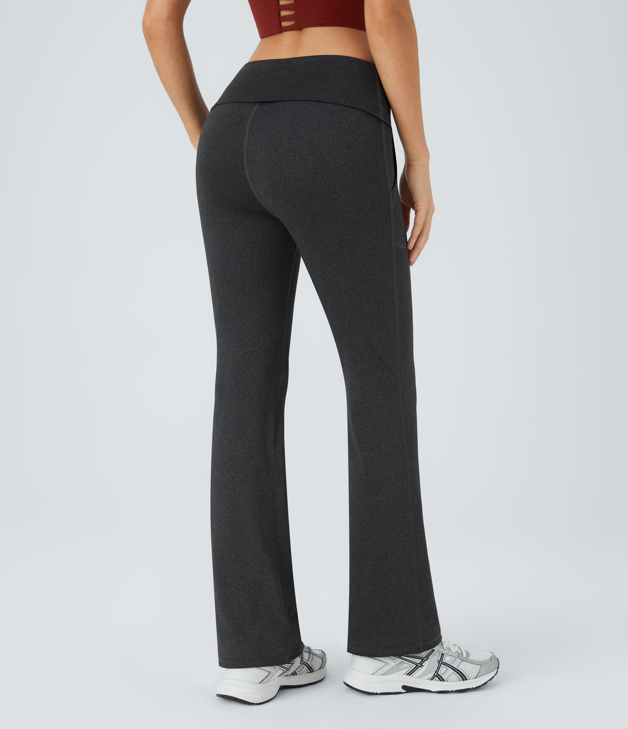 Halara Super High Waisted Foldover Pocket Full Length Flare Leggings  - Mottled Carbon Black - XS gym leggings leggings with pockets 