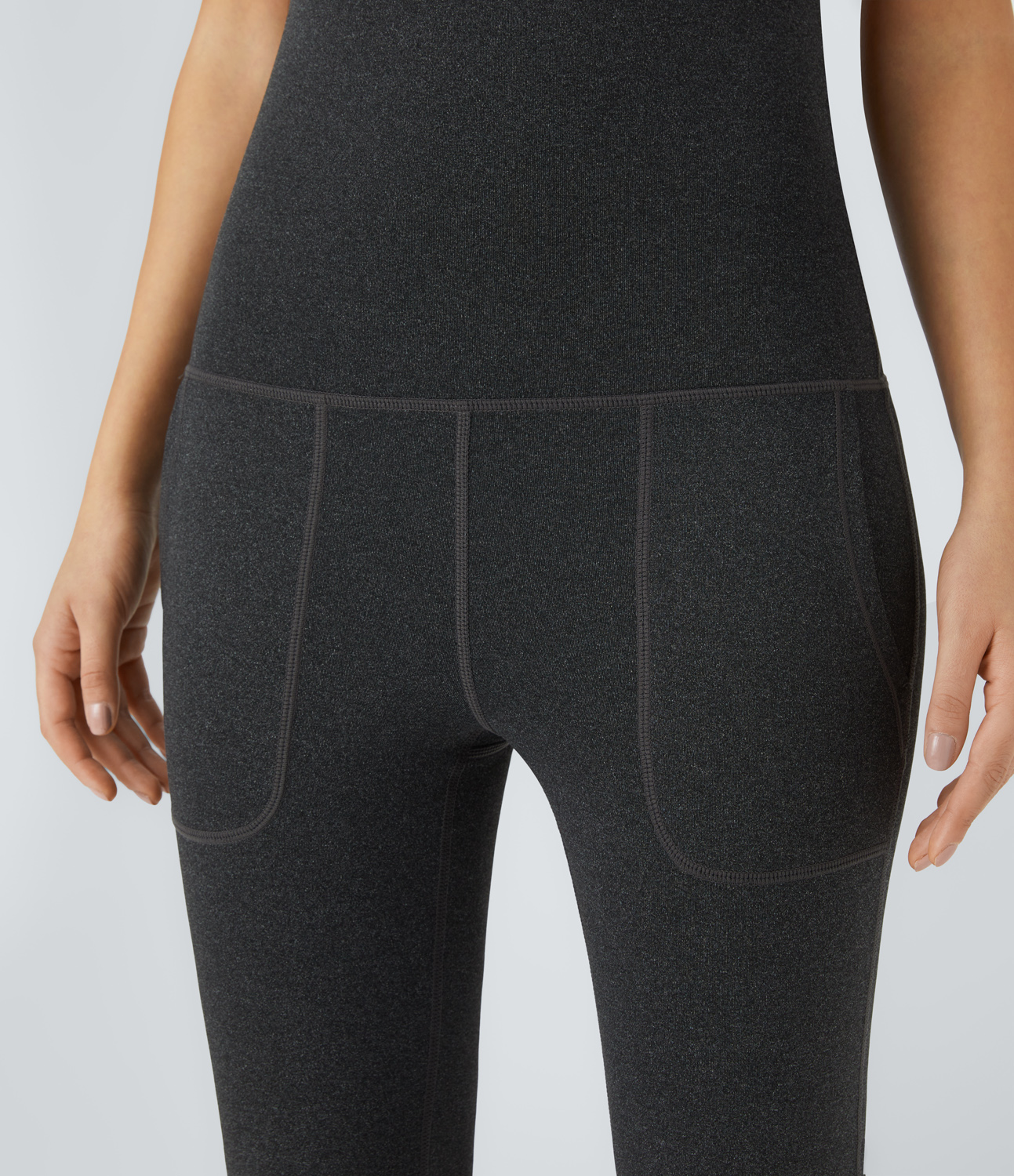 Halara Super High Waisted Foldover Pocket Full Length Flare Leggings  - Mottled Carbon Black - XS gym leggings leggings with pockets 