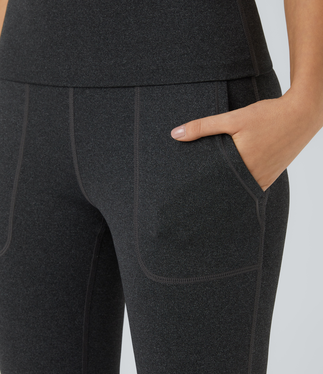 Halara Super High Waisted Foldover Pocket Full Length Flare Leggings  - Mottled Carbon Black - XS gym leggings leggings with pockets 