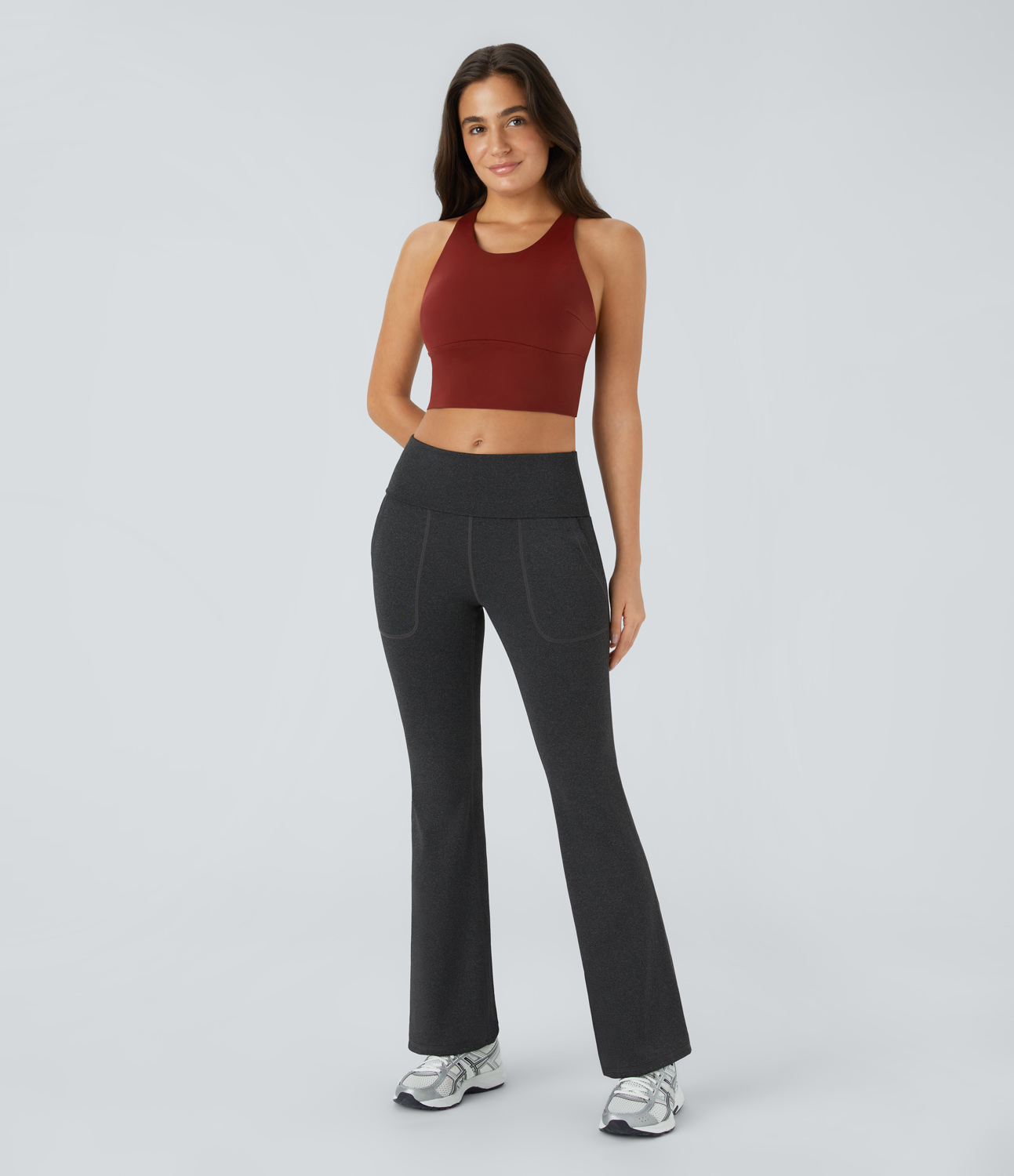 Halara Super High Waisted Foldover Pocket Full Length Flare Leggings  - Mottled Carbon Black - XS gym leggings leggings with pockets 
