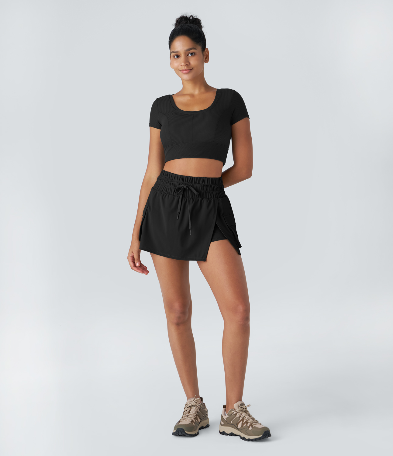 

Halara High Waisted Drawstring Flap Pocket Split 2-in-1 Mini Hiking Cargo Skirt - Black -  midi skirt a line skirt golfing skirt