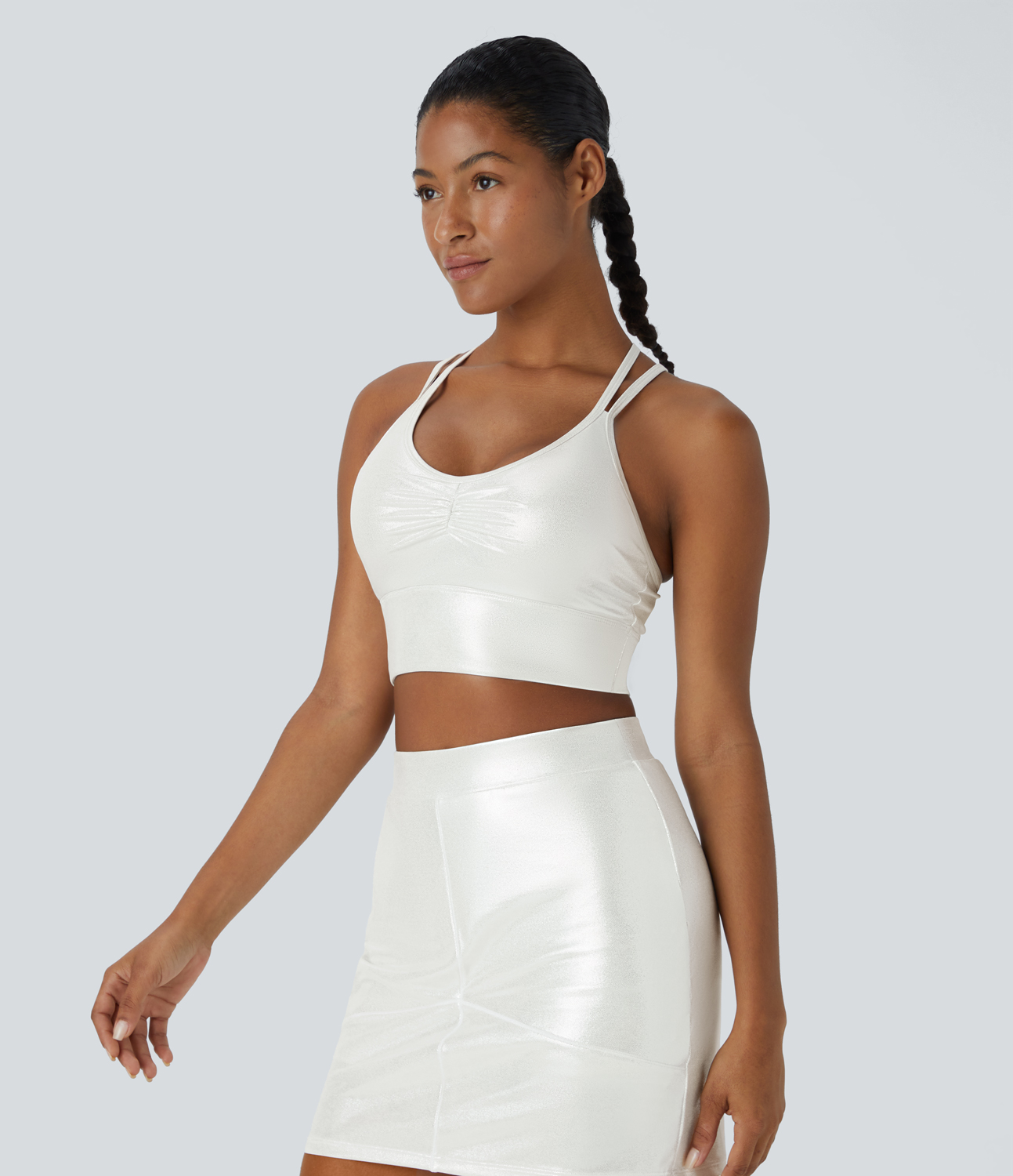 Halara Softlyzeroв„ў Faux Leather Ruched Double Straps Backless Crisscross Foil Print Stretchy Yoga Tank Top Tank Top - Bright Skin Floating White - M 
