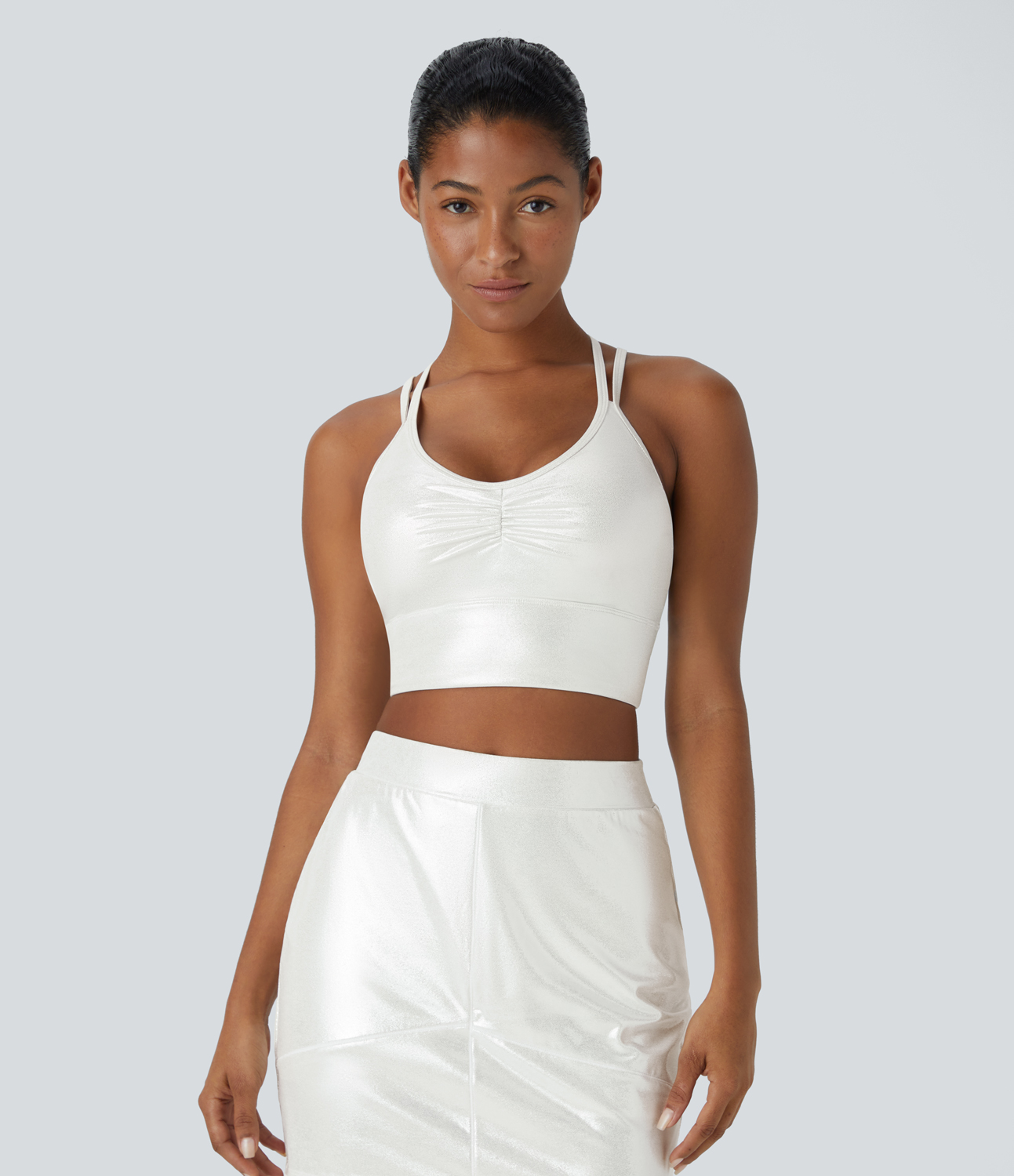 Halara Softlyzeroв„ў Faux Leather Ruched Double Straps Backless Crisscross Foil Print Stretchy Yoga Tank Top Tank Top - Bright Skin Floating White - M 