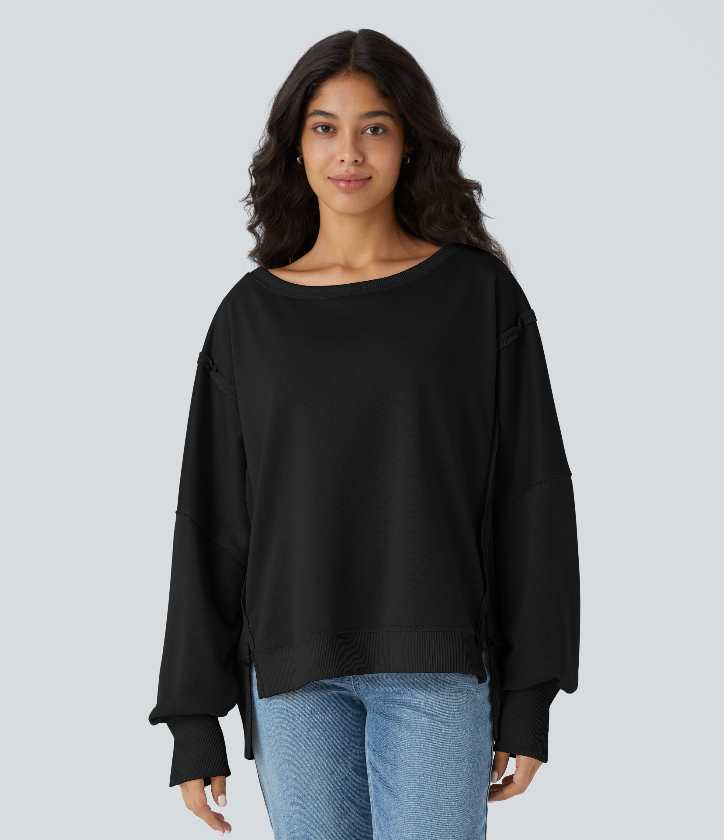 Halara Round Neck Dropped Shoulder Long Sleeve High Low Split Hem Relaxed Casual Sweatshirt  - Black - XL 