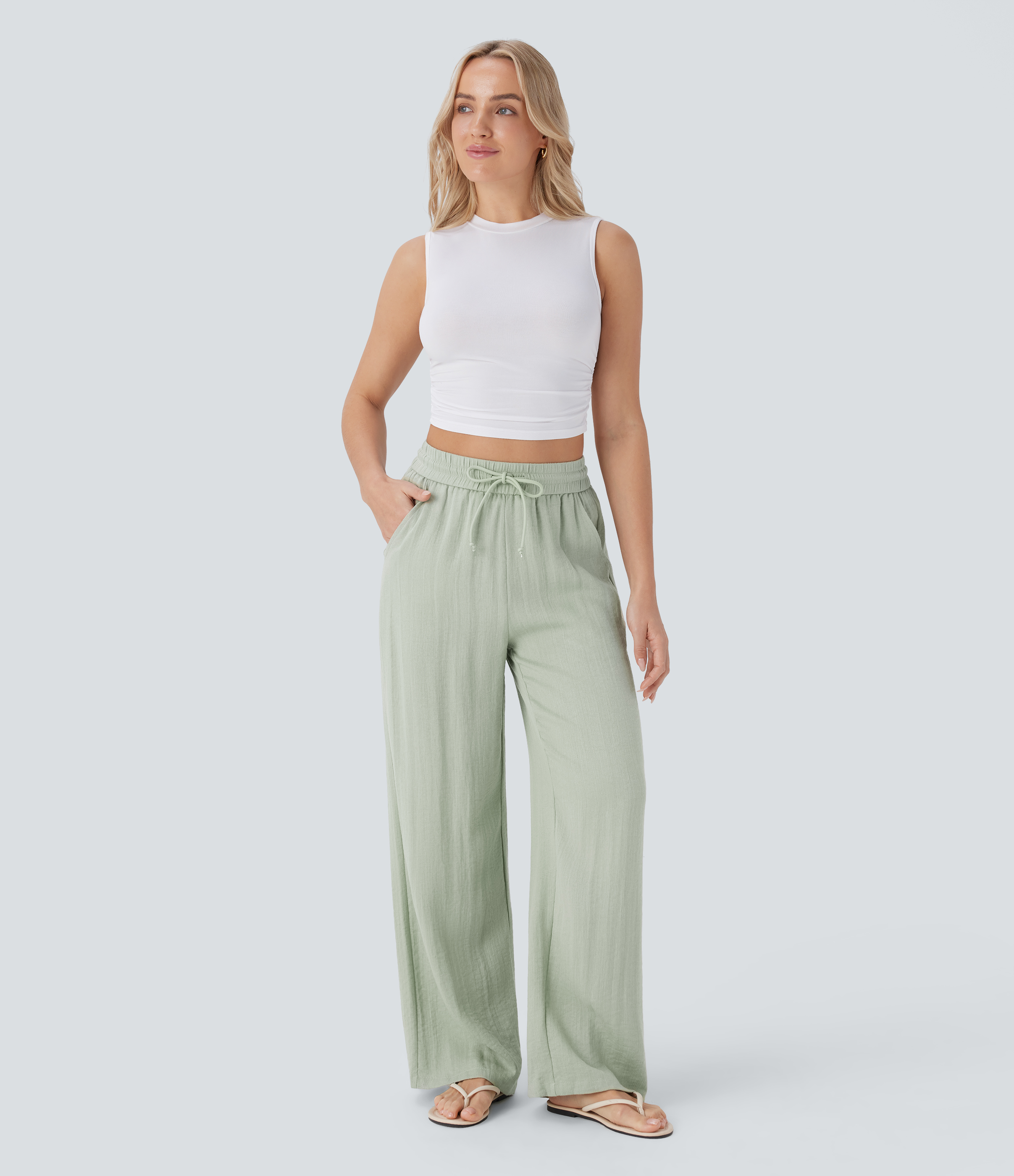 Halara High Waisted Drawstring Side Pocket Wide Leg Casual Pants  - Mineral Gray - L(regular) sweatpants jogger pants stacked sweatpants 