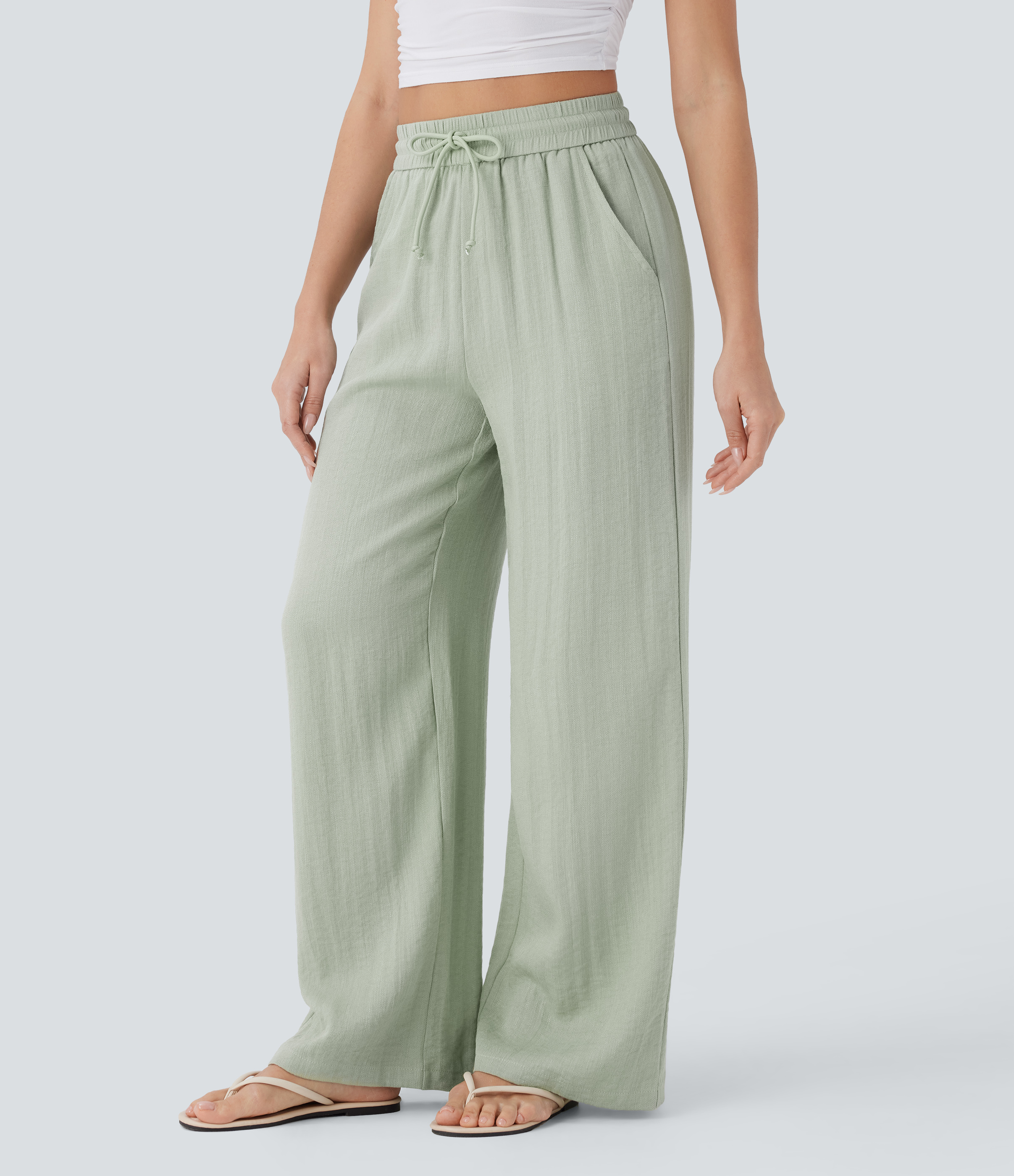 Halara High Waisted Drawstring Side Pocket Wide Leg Casual Pants  - Mineral Gray - L(regular) sweatpants jogger pants stacked sweatpants 