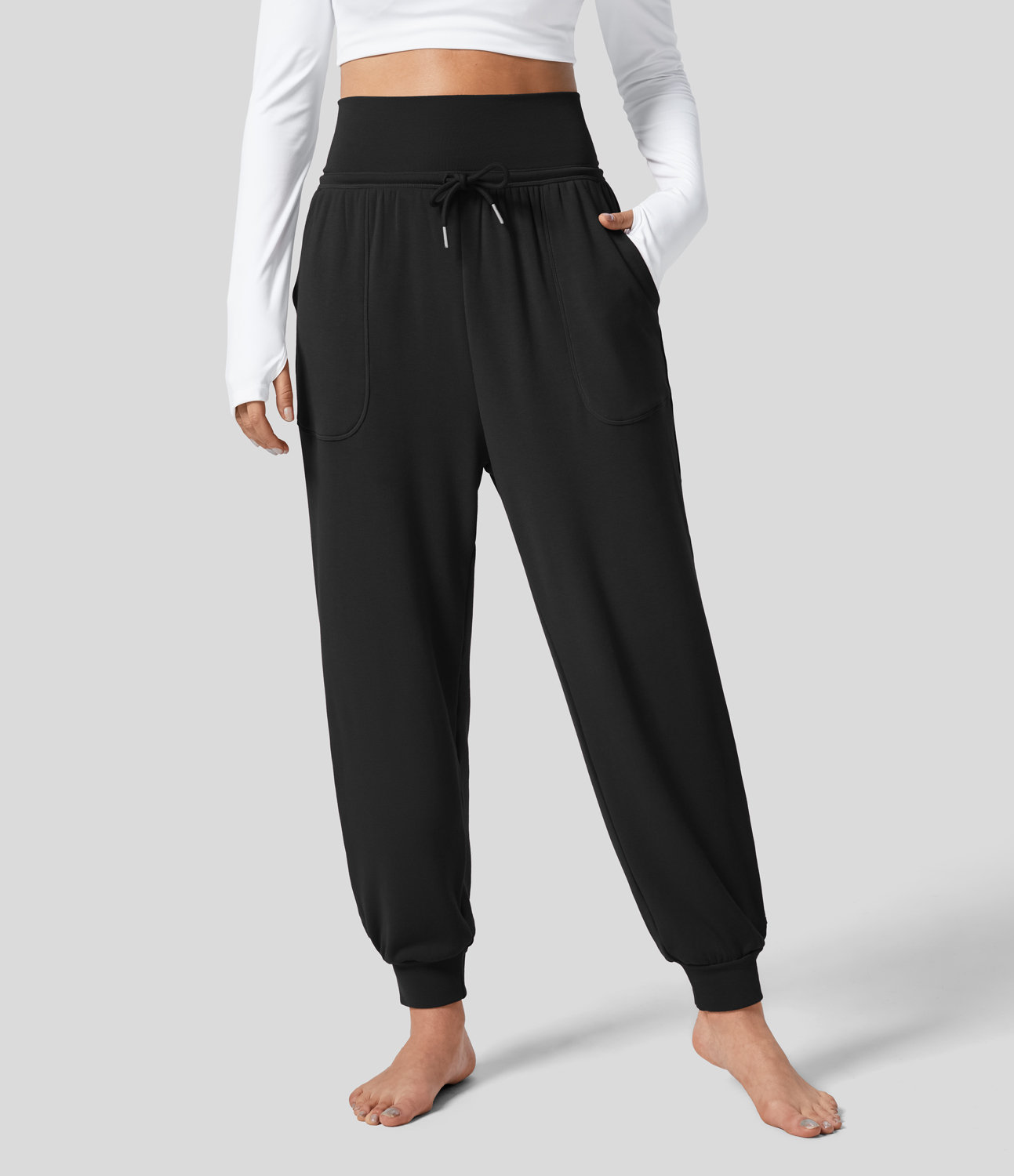 Halara High Waisted Drawstring Plicated Side Pocket Ankle Length Tapered Fleece Casual Joggers  - Black - XL(regular) 