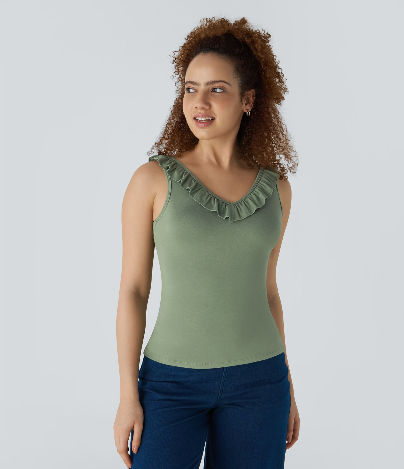 Halara V Neck Ruffle Trim Slim Work Tank Top Tank Top - Watercress - XS golf tops halter top tunic tops sleeveless tops backless top 
