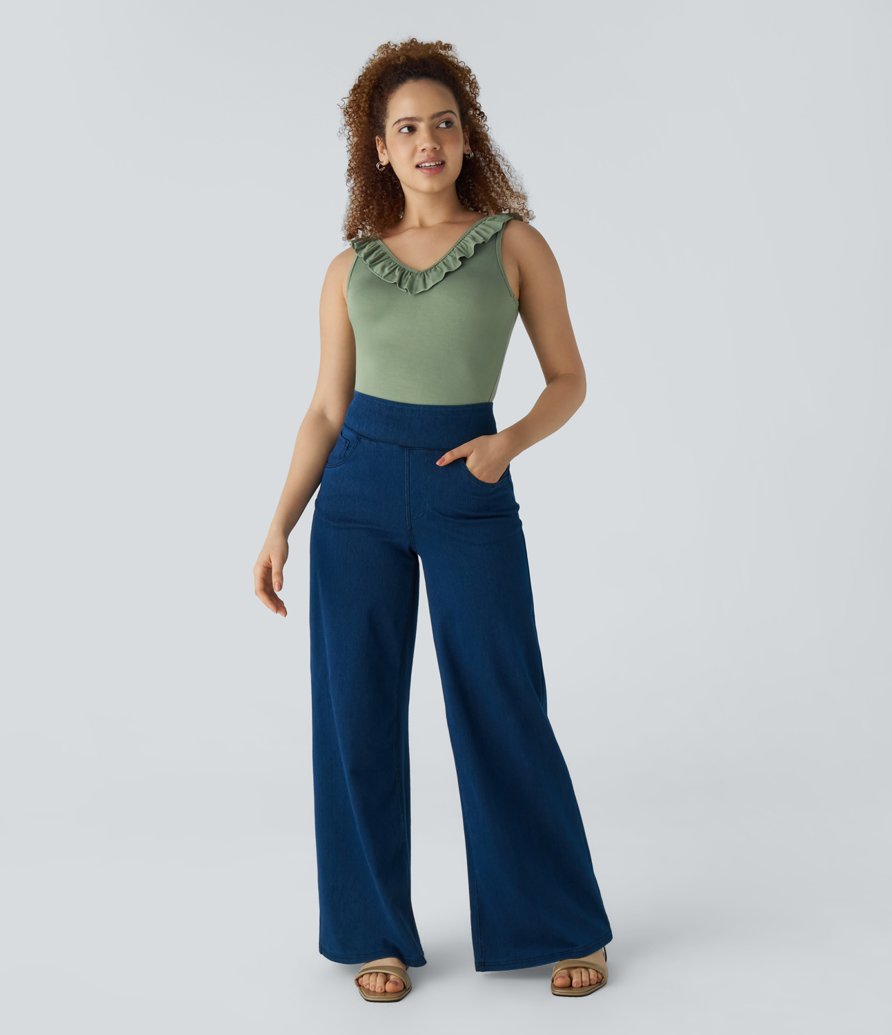 Halara V Neck Ruffle Trim Slim Work Tank Top Tank Top - Watercress - XS golf tops halter top tunic tops sleeveless tops backless top 
