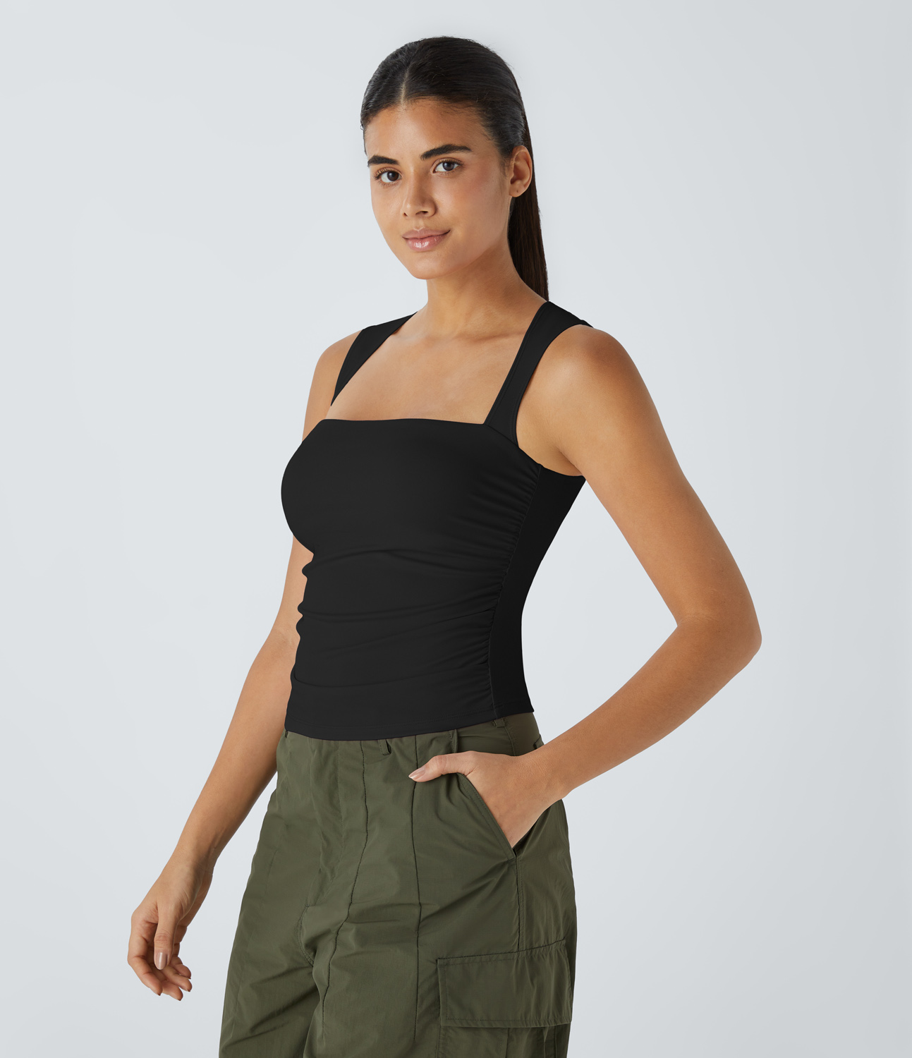 Halara Softlyzeroв„ў Airy Square Neck Backless Ruched Cool Touch Casual Tank Top-UPF50+ Tank Top - Black - XS golf tops halter top tunic tops 
