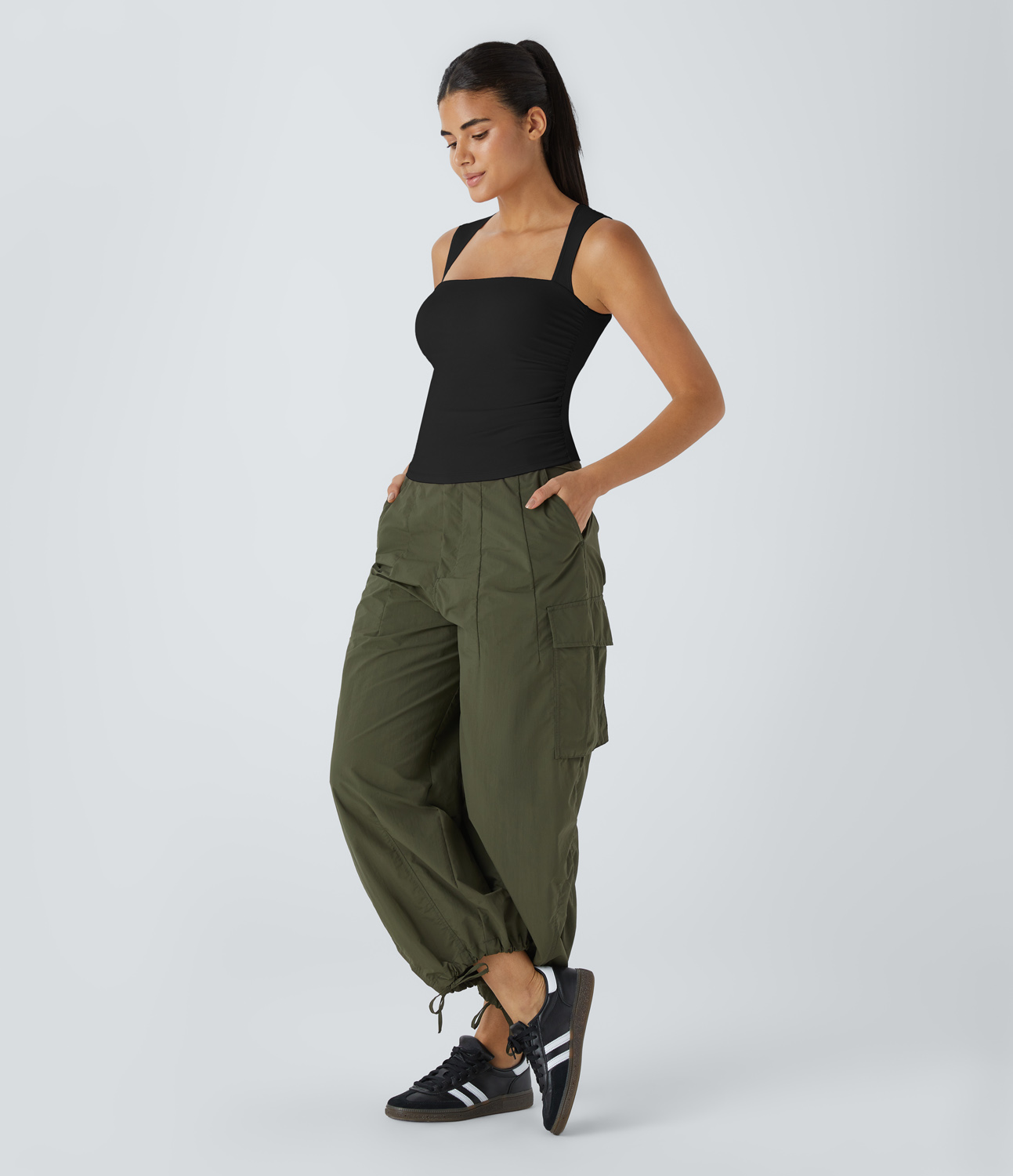 Halara Softlyzeroв„ў Airy Square Neck Backless Ruched Cool Touch Casual Tank Top-UPF50+ Tank Top - Black - XS golf tops halter top tunic tops 
