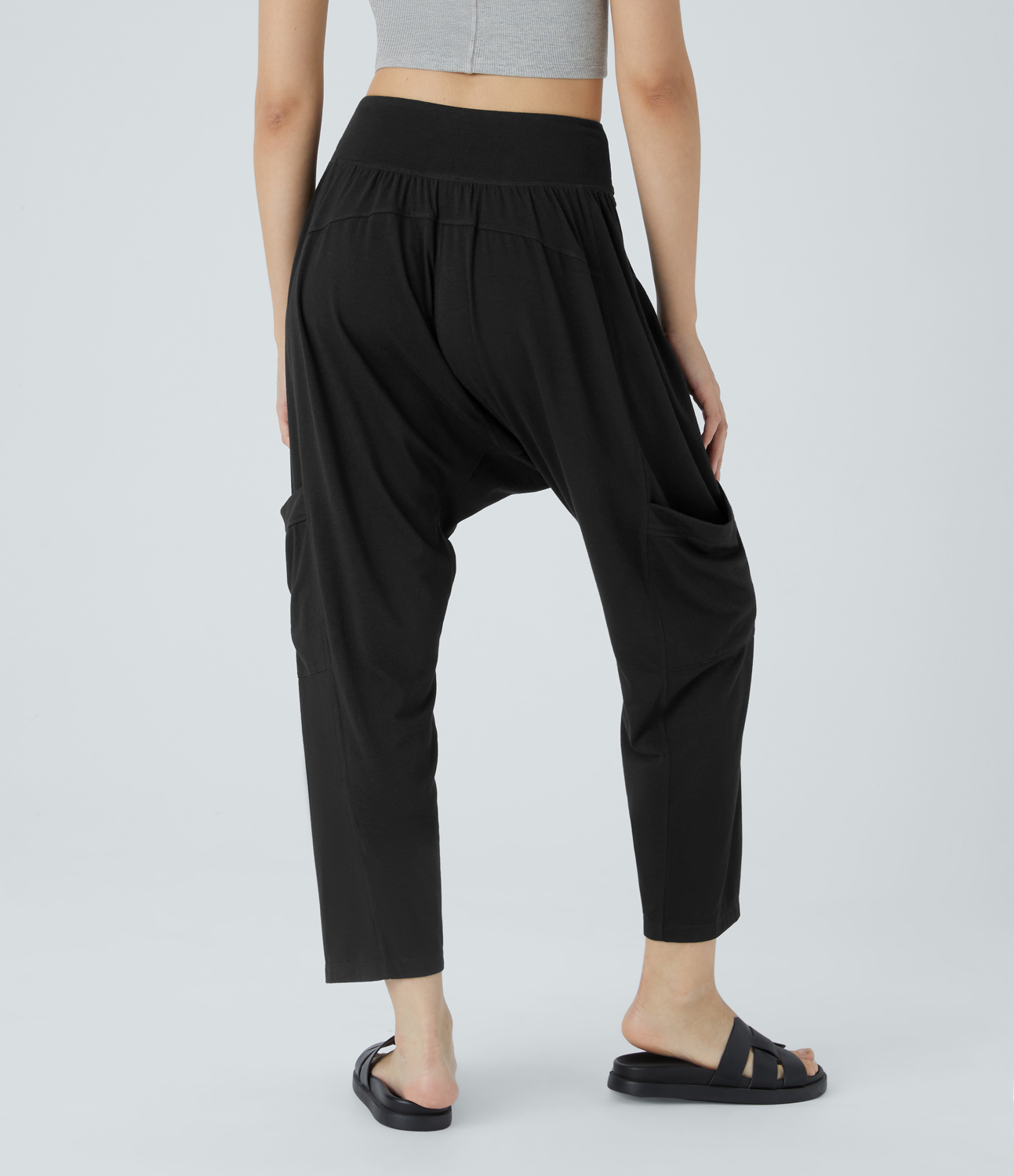 Halara Mid Rise Tie Side Multiple Pockets Casual Harem Pants  - Black - L(regular) sweatpants jogger pants stacked sweatpants cargo joggers 