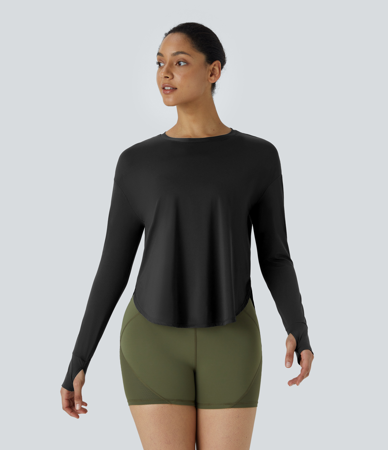 Halara Round Neck Thumb Hole Plicated Curved Hem Yoga Sports Top  - Black - L 